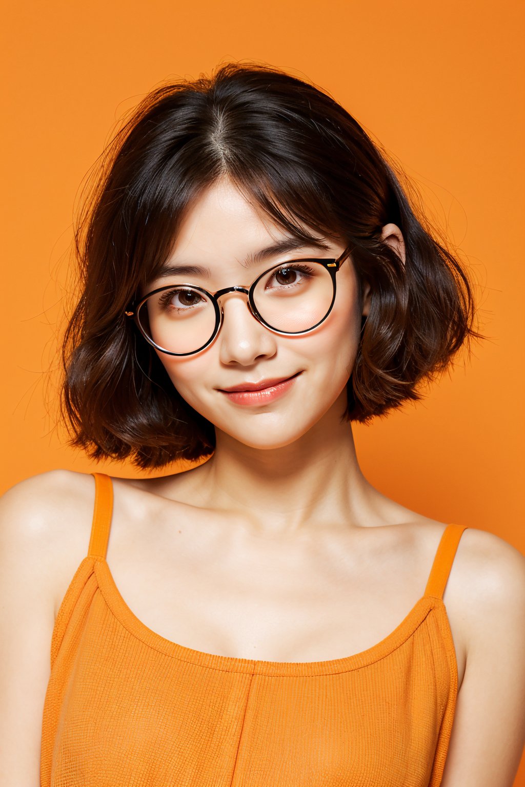 woman, medium hair, bob hair, (round thick glasses), upper body, light smile, cute makeup, (orange camisole:1.2), orange background, (oily skin:1.2), (front view:1.2)