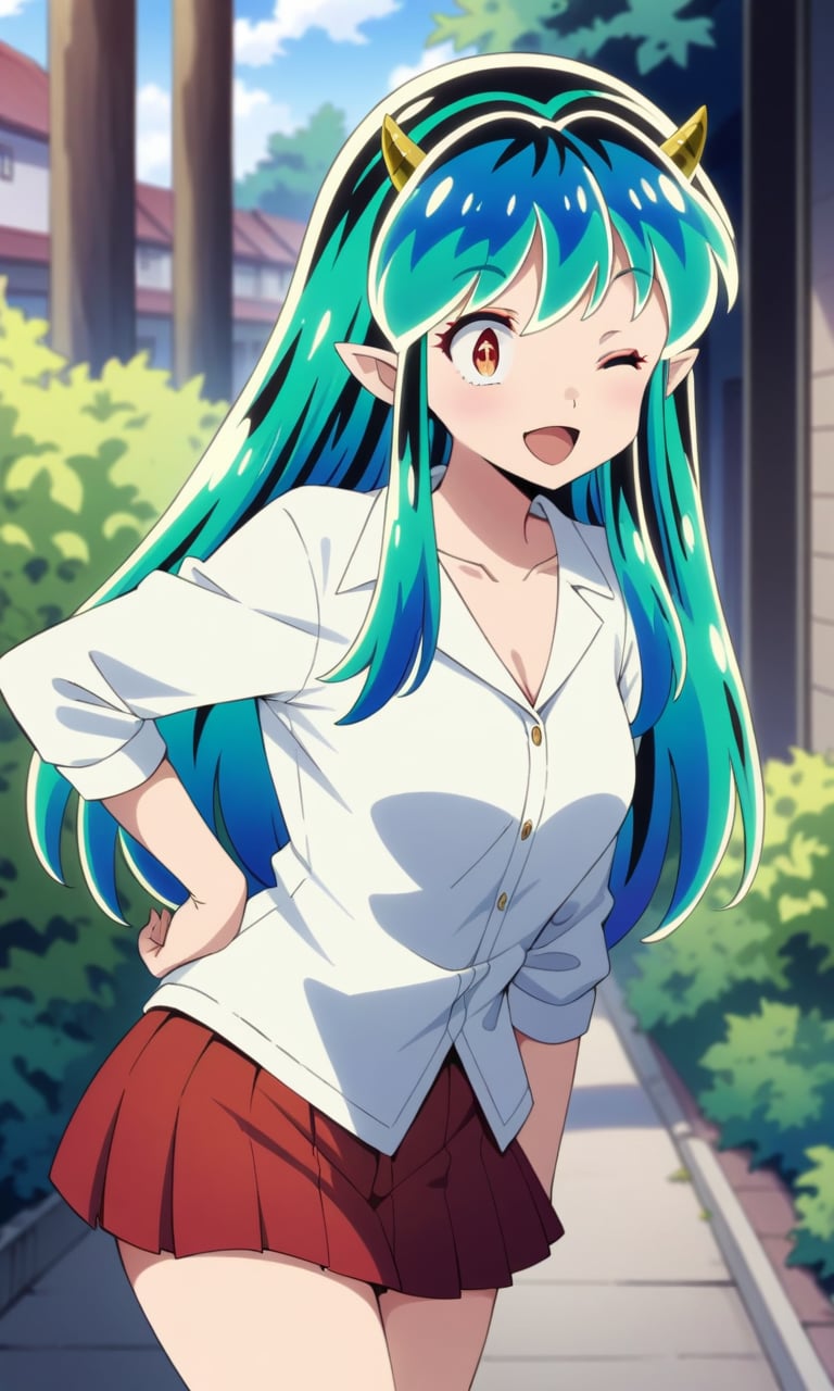 (masterpiece, highres, high quality, very aestethic, intricate details), 1girl, anime style, lumxl, lum, long hair, green hair, aqua hair,, multicolored hair, oni, cone horns, pointy ears, completely_nude, jacket, belt, white shirt, miniskirt, pleated skirt, red skirt, one eye closed, :D, hand on hip, standing, black stokings, street, nature, plants, day, hair wagging, cowboy_shot<lora:EMS-343458-EMS:1.200000>