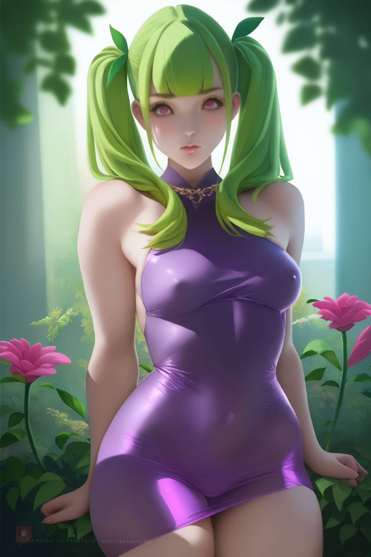 score_9, score_8_up, score_7_up, 1girl, solo, :3, blush, looking at viewer, dark_green hair, short_bangs, twintails, medium breasts, covered nipples, purple silk, sheer, jewelry, window, Knapweed \(flower\), blooming flowers, plants, trees, blurry foreground, soft lighting, bloom effect, erotic, engaging <lora:Sakimichan_PonyXL_style_v01.10.02.05:1>