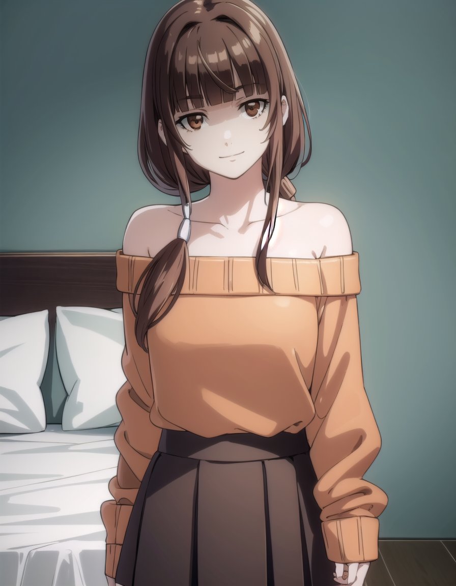 emiruikuno, <lora:emiru ikuno-lora-nochekaiser:1>,emiru ikuno, long hair, brown hair, ponytail, (brown eyes:1.5), bangs, blunt bangs, low-tied long hair,BREAK skirt, bare shoulders, off shoulder, sweater, orange shirt, off-shoulder sweater,BREAK indoors, bed, bed room,BREAK looking at viewer, (cowboy shot:1.5), smile,BREAK <lyco:GoodHands-beta2:1>, (masterpiece:1.2), best quality, high resolution, unity 8k wallpaper, (illustration:0.8), (beautiful detailed eyes:1.6), extremely detailed face, perfect lighting, extremely detailed CG, (perfect hands, perfect anatomy),