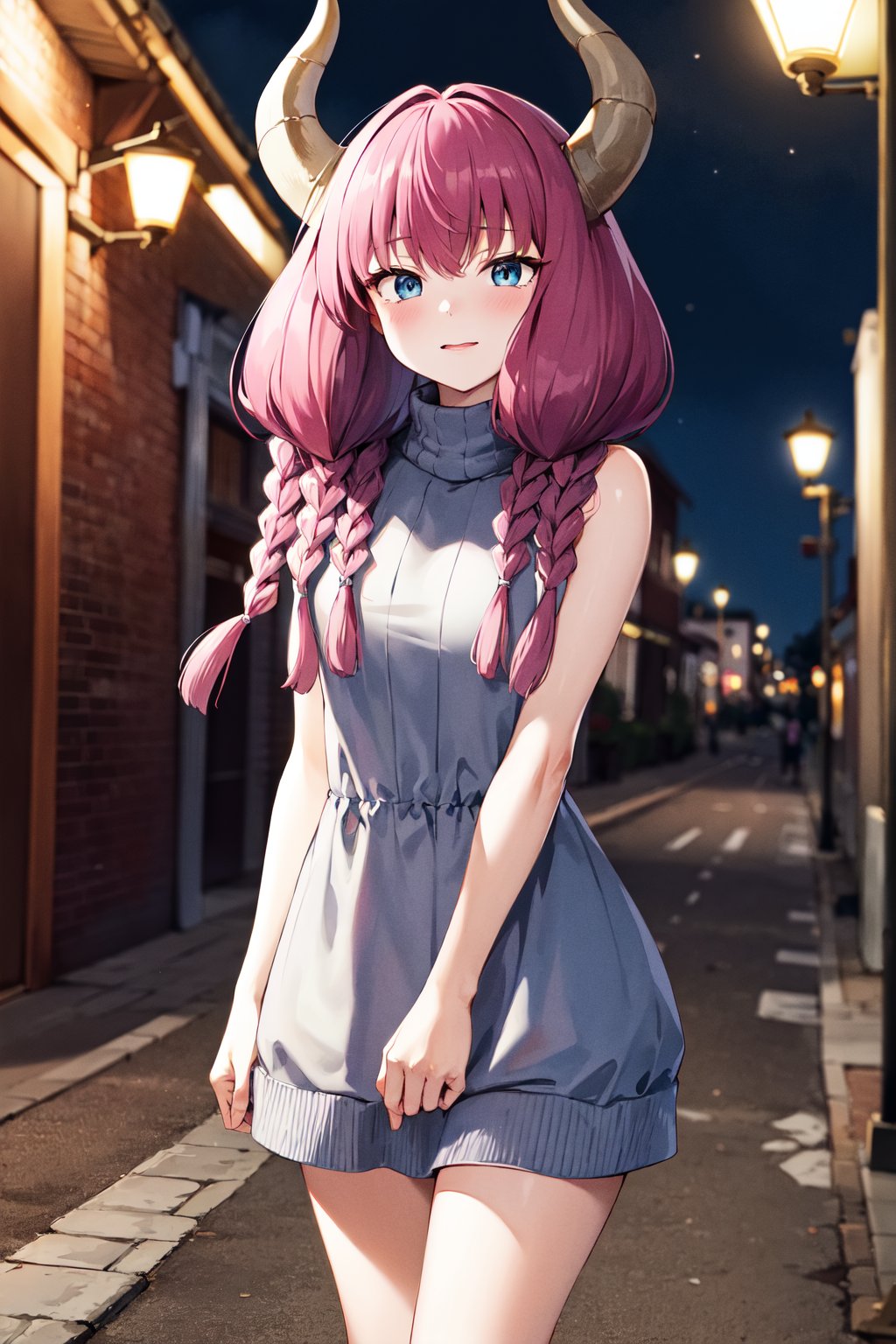 masterpiece, best quality, highres, aaaura, braid, twin braids, horns, blue eyes, <lora:aura_(sousou_no_frieren)_v1:0.8>, sweater dress, sleeveless, street, night, standing, cowboy shot, 