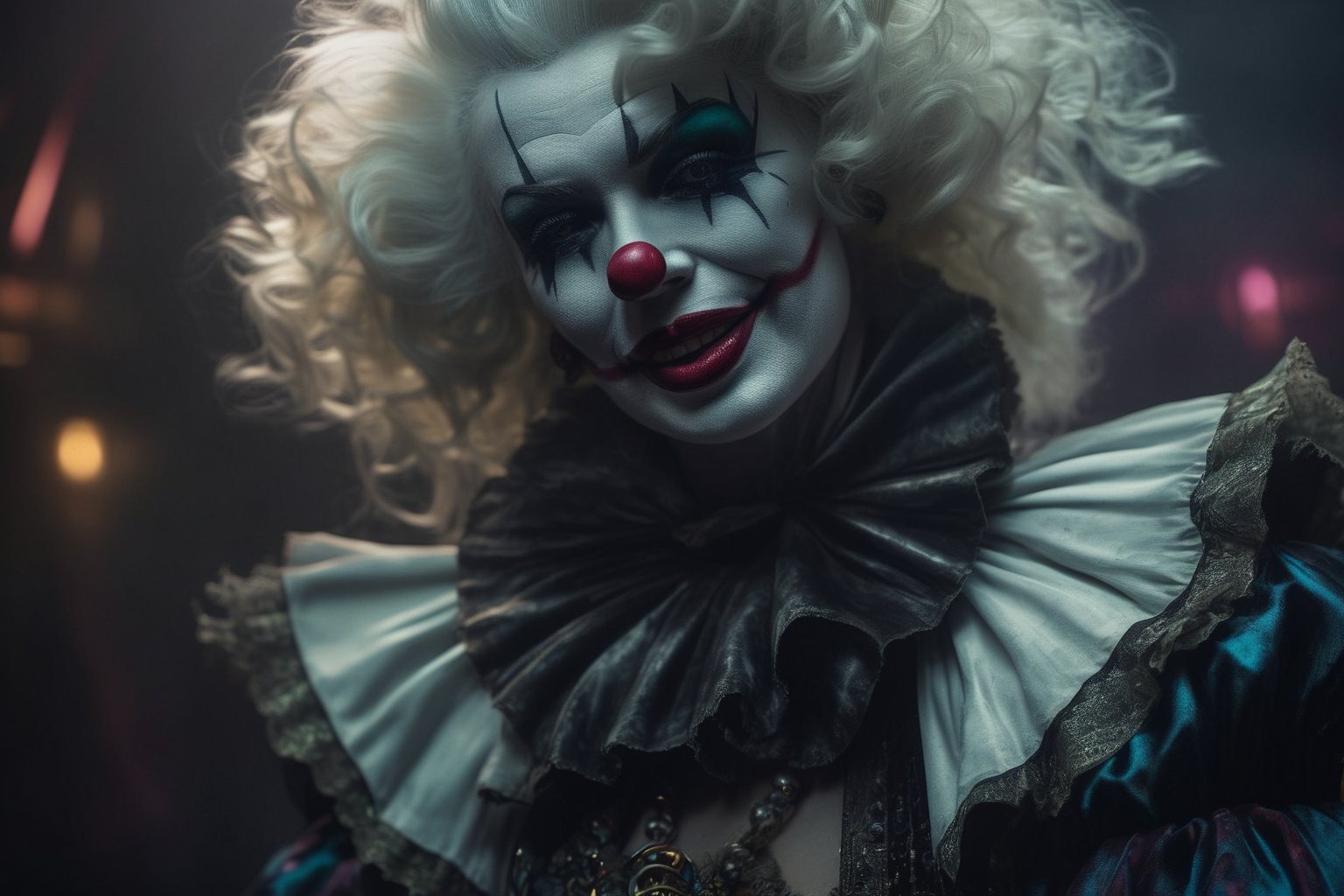 close up of a scary marilyn monroe cyberpunk clown on a Circus background bycircus background, a character portrait, trending on deviantart, dark atmoshopere, riot entertainment realistic, techno, peter hurley, costume design, taken with hasselblad H6D 100c, the HCD 24mm lens, old master, 