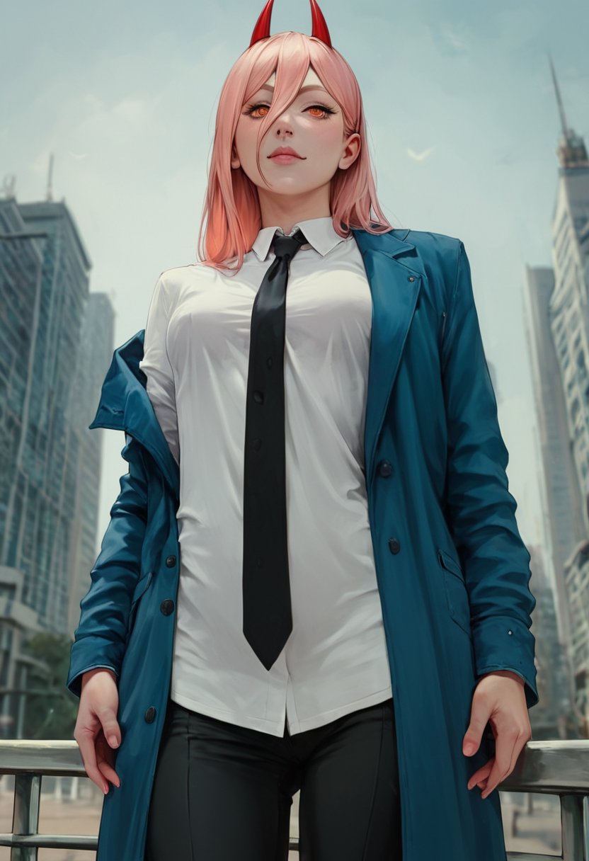 score_9, score_8_up, score_7_up, score_6_up,txzndevil, girl, beautiful face, Power, Chainsaw Man, pink hair, narrow hips, bending forward, realistic breasts, skinny, sexy adult, posing, halfbody portrait, from below, outside, city, Tokyo background,white shirt, black tie, oversize blue coat,blurred background,score_tag<lora:EMS-400846-EMS:1.600000>
