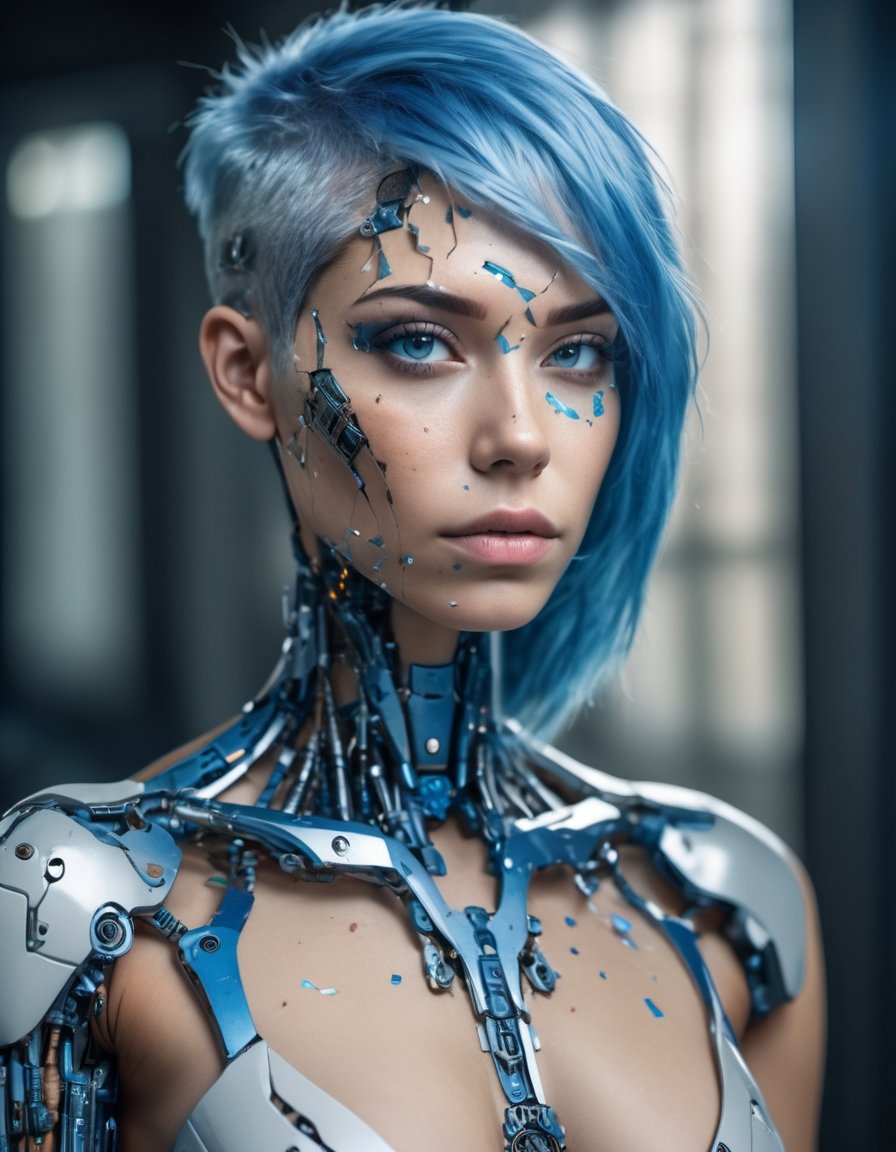 portrait of beautiful cyborg with blue hair, intricate, elegant, highly detailed, 8k uhd hdr, majestic, digital photography, broken glass, soft natural lighting, detailed skin texture,