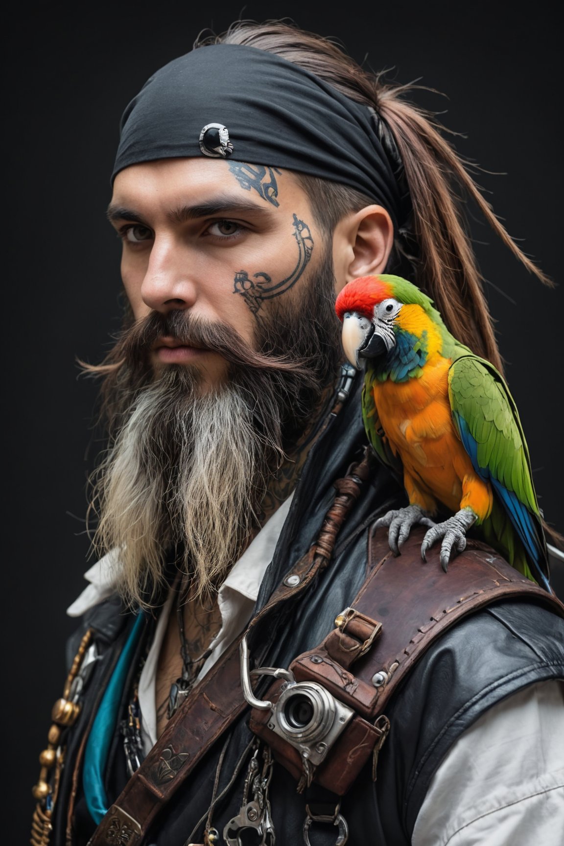 face portrait of a cyberpunk pirate woth a parrot on his shoulders, long beard, best quality