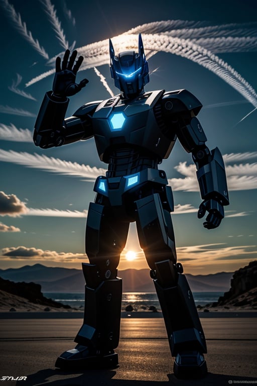 Transformers, Solo,  blue eyes,  no human,  glowing,  robot clrnched hand,  mecha,  glowing eyes,  science fiction,  super robot,  , photorealistic,<lora:EMS-84091-EMS:1.000000>