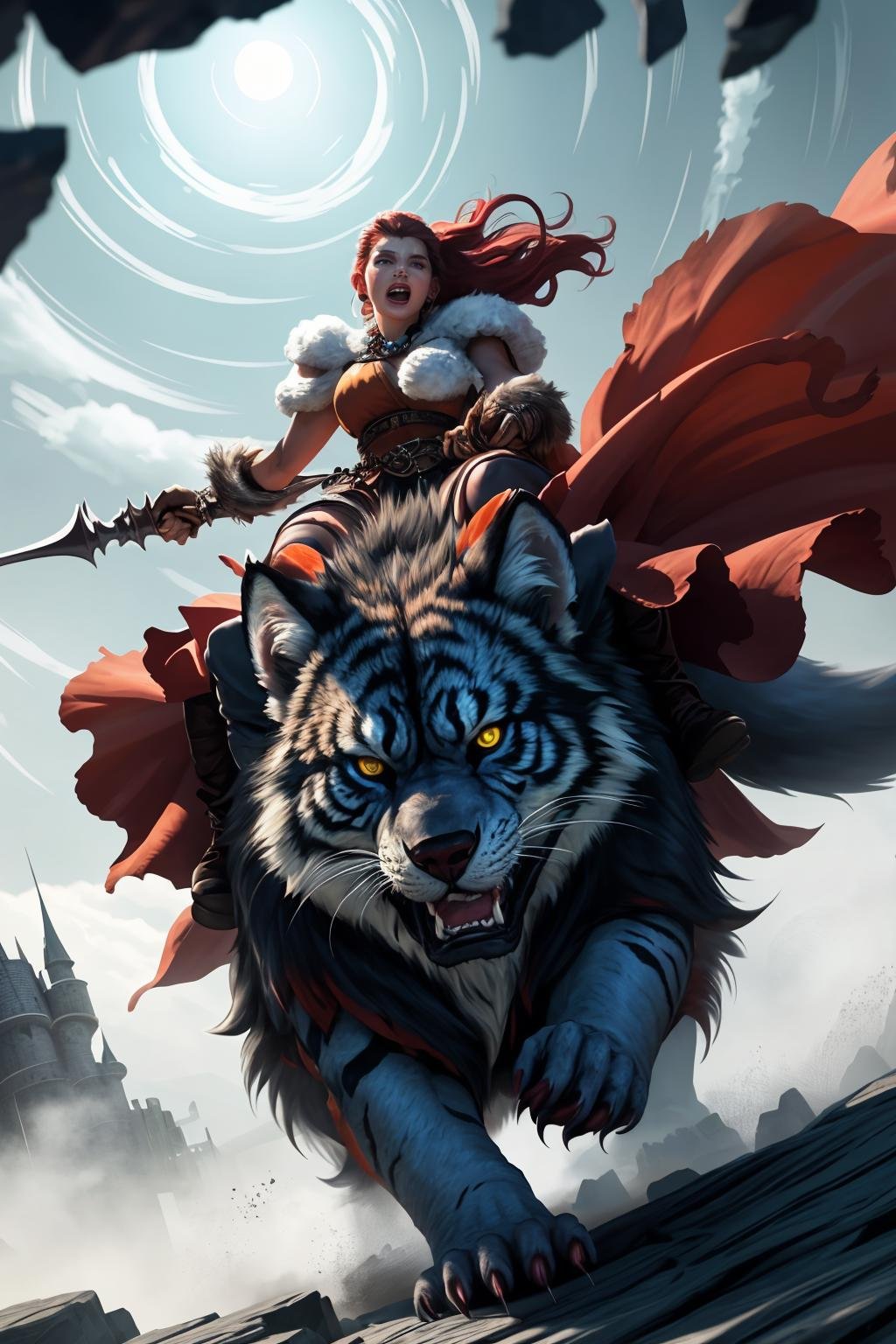 dungeons and dragons epic movie poster barbarian woman with cape charging into battle violent roar riding a vicious ice [wolf|tiger] beast leather and fur boots warriors and red banners (windy dust debris storm:1.1) volumetric lighting fog depth mist pass z pass great stone castle very bright morning sunlight from side, (masterpiece) (best quality) (detailed) (8k) (cinematic lighting) (sharp focus) (intricate) (intense action scene, dutch angle, foreshortening, motion blur, from below, blurred foreground:1.3)