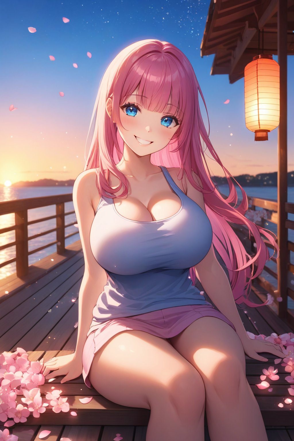 pink hair, blue eyes, long hair, sitting on boardwalk, sunset, light particles, volumetric lighting, tank top, large breasts, smile, sparkling eyes, blunt bangs, flowers, flower petals, paper lantern,