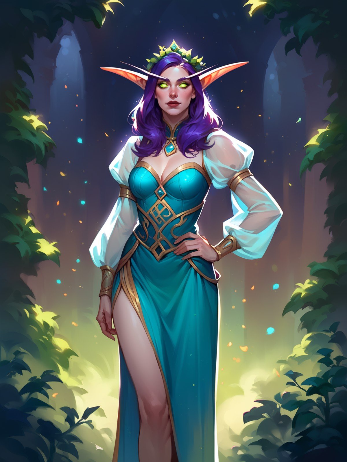 score_8_up, score_7_up, cowboy shot of beautiful elf queen, hand on hip, contrapposto, purple hair, ornate cyan dress with puffy sleeves, see-through sleeves, head wreath, particles, dark forest, ivy, vines, particles, night, fog fantasy, warcraft