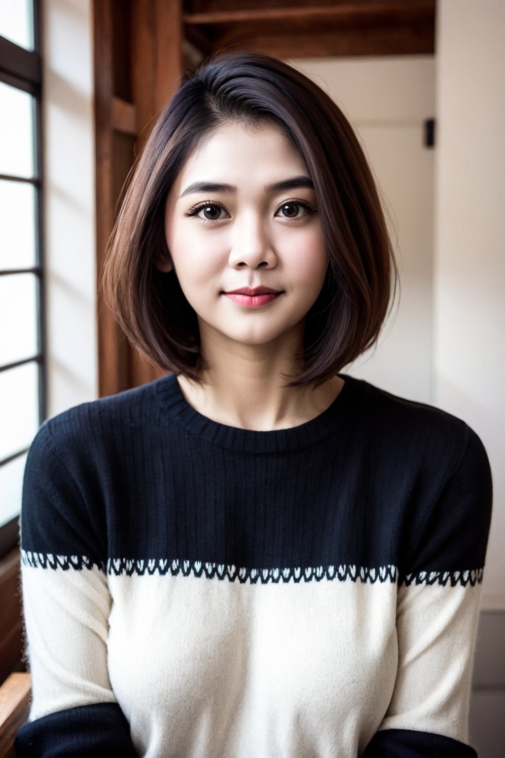 raw photo young cute indonesian woman look at camera, black bob hair, upper body, knitted sweater, romantic mood, indoor, light smile<lora:EMS-409110-EMS:0.750000>