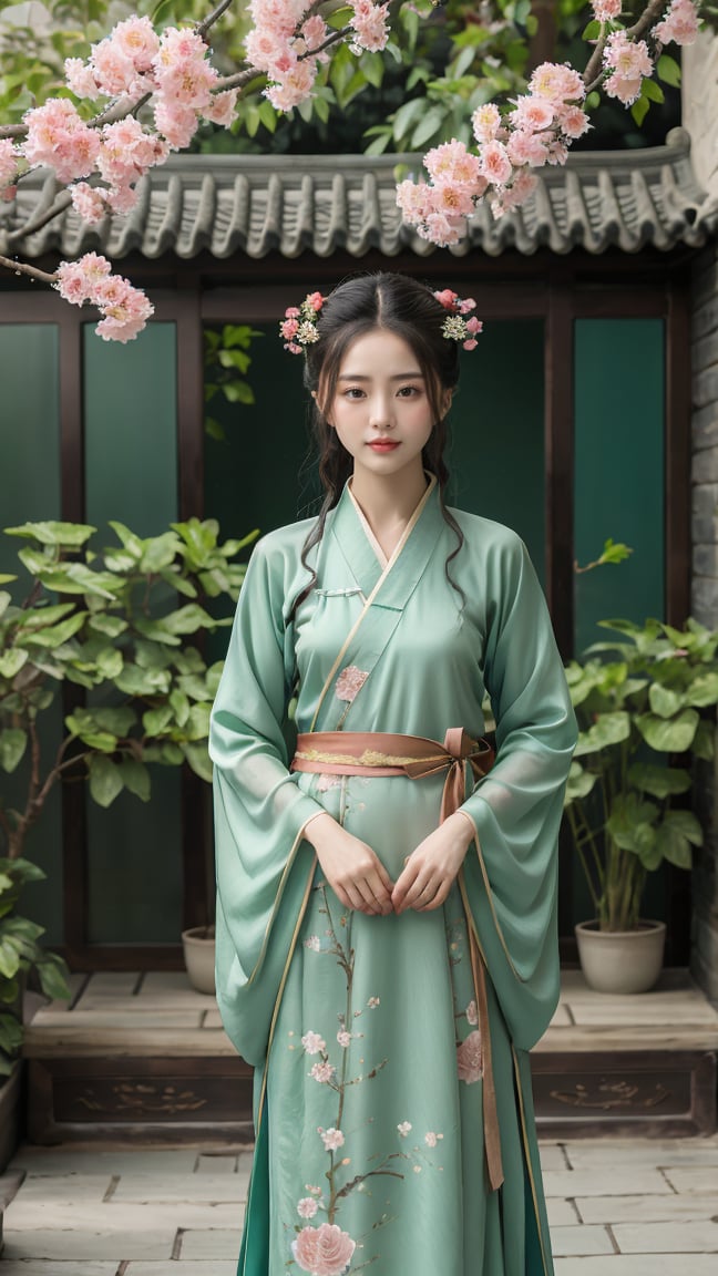 A beautiful girl,chinese Hanfu,chinese courtyard,trees and flowers,