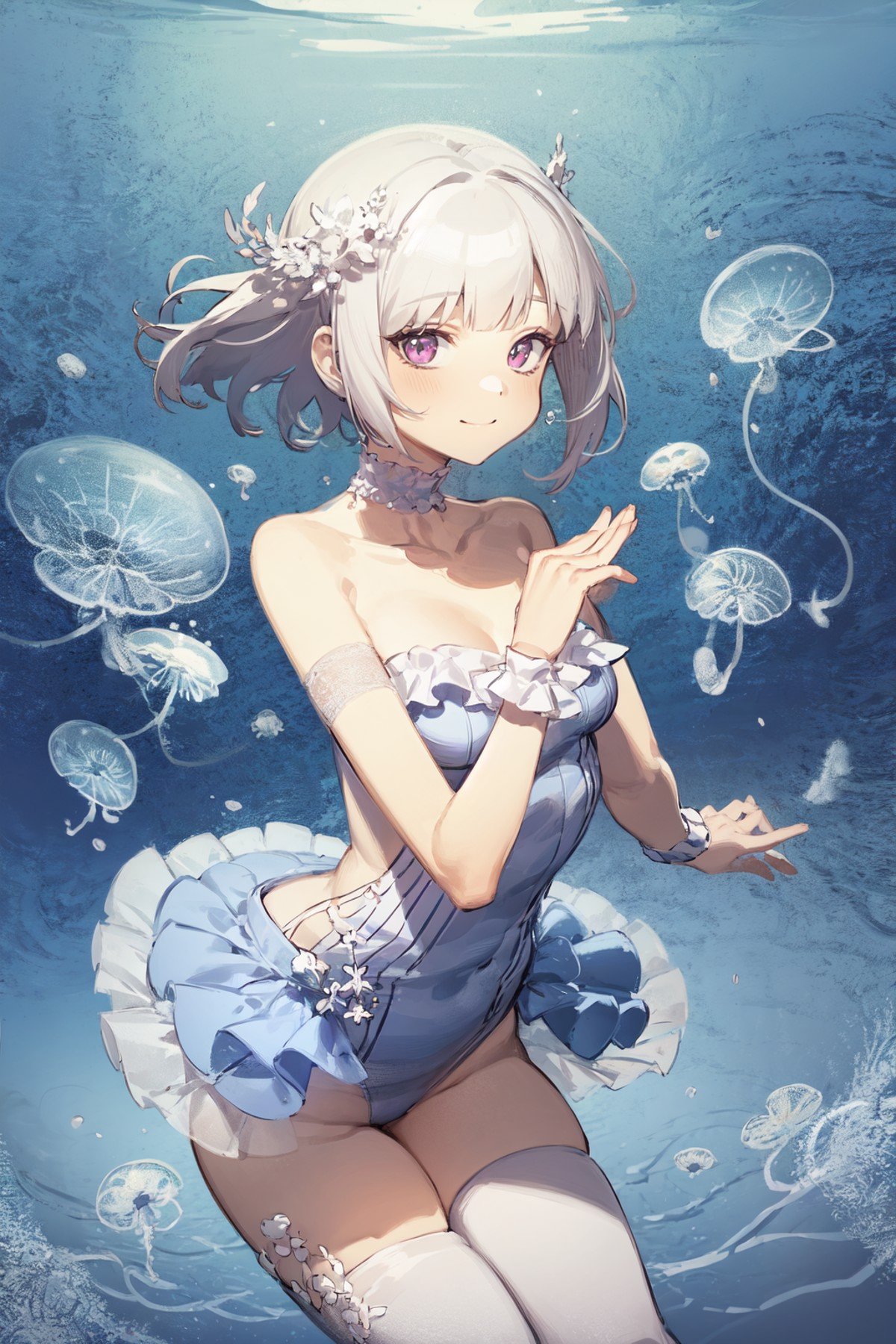 masterpiece, best quality, extremely detailed, detailed background, detailed face, blunt bangs, 1girl, jellyfish, underwater, solo, purple eyes, coral, white hair, smile, short hair, bubble, looking at viewer, bare shoulders, fish, frills, breasts, air bubble, wrist cuffs, hair ornament, dress, thighhighs, leotard, closed mouth, white thighhighs, water, small breasts, swimsuit, collarbone, hand up