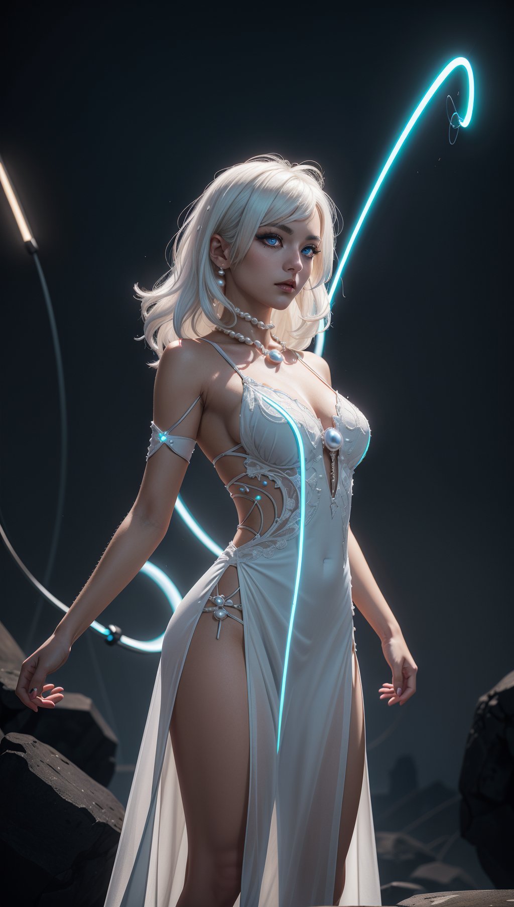 ((upper body)),best quality,masterpiece,a Japanese woman with ((Luminescence white hair)),((detailed pearl blue eye)),high detailed goddess soul,focus on character,solo,(style swirl magic),solo,from front,front view,looking at viewer,detailed face,((Luminescence Lighting Magic Circle theme)),perched on a ledge,tight neon body,light streaks,dark abyssal wanderer abstract,((Simple Luminescence Neon Gown)),inscribed with mystical runes,outdoor dystopian background,