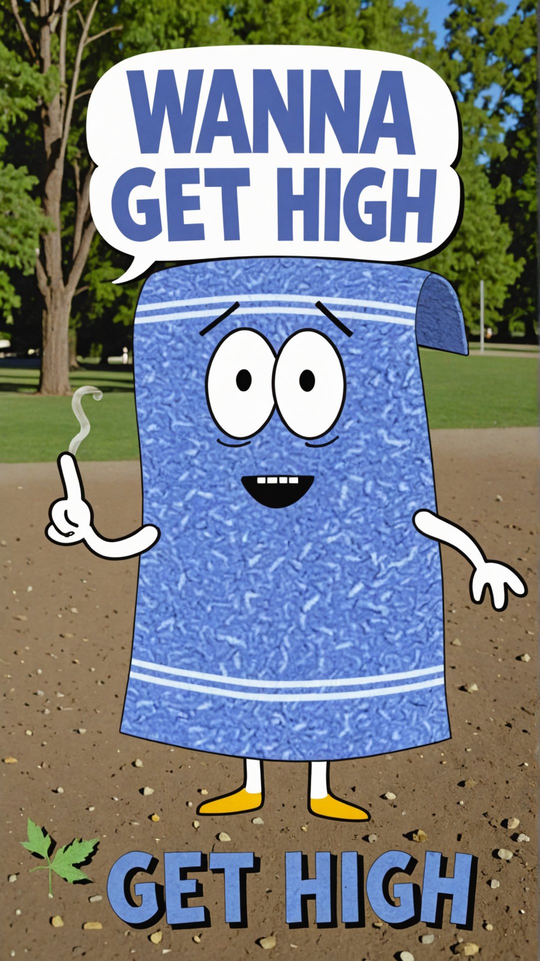 Photo of Towelie smoking weed at the park with a text bubble that says "wanna get high" <lora:Towelie_v420:0.8>