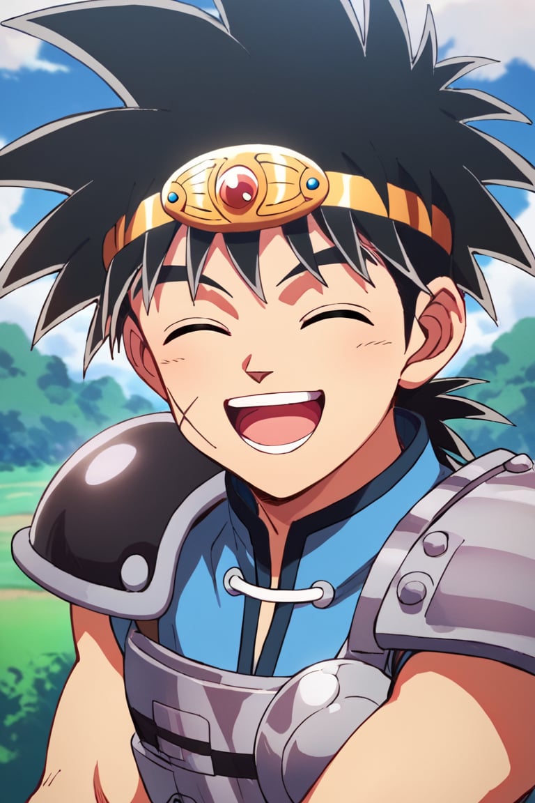 score_9,score_8_up,score_7_up,source_anime,1boy,solo,looking at viewer, Dai,black hair, scar, scar on face, outdoors, upper body, open mouth, Blue shirt,armor,sleeveless, gem circlet, open mouth, closed eyes, smile<lora:EMS-409148-EMS:0.800000>