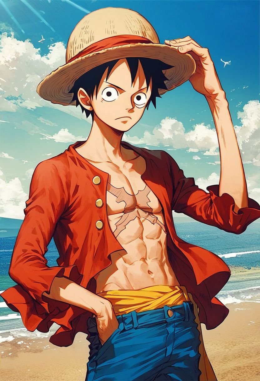 score_9_up ,score_6_up,Luffy in the beach,solo,Cap,Serious,masterpiece, 8k, ultradetailed background ,looking at viewer 