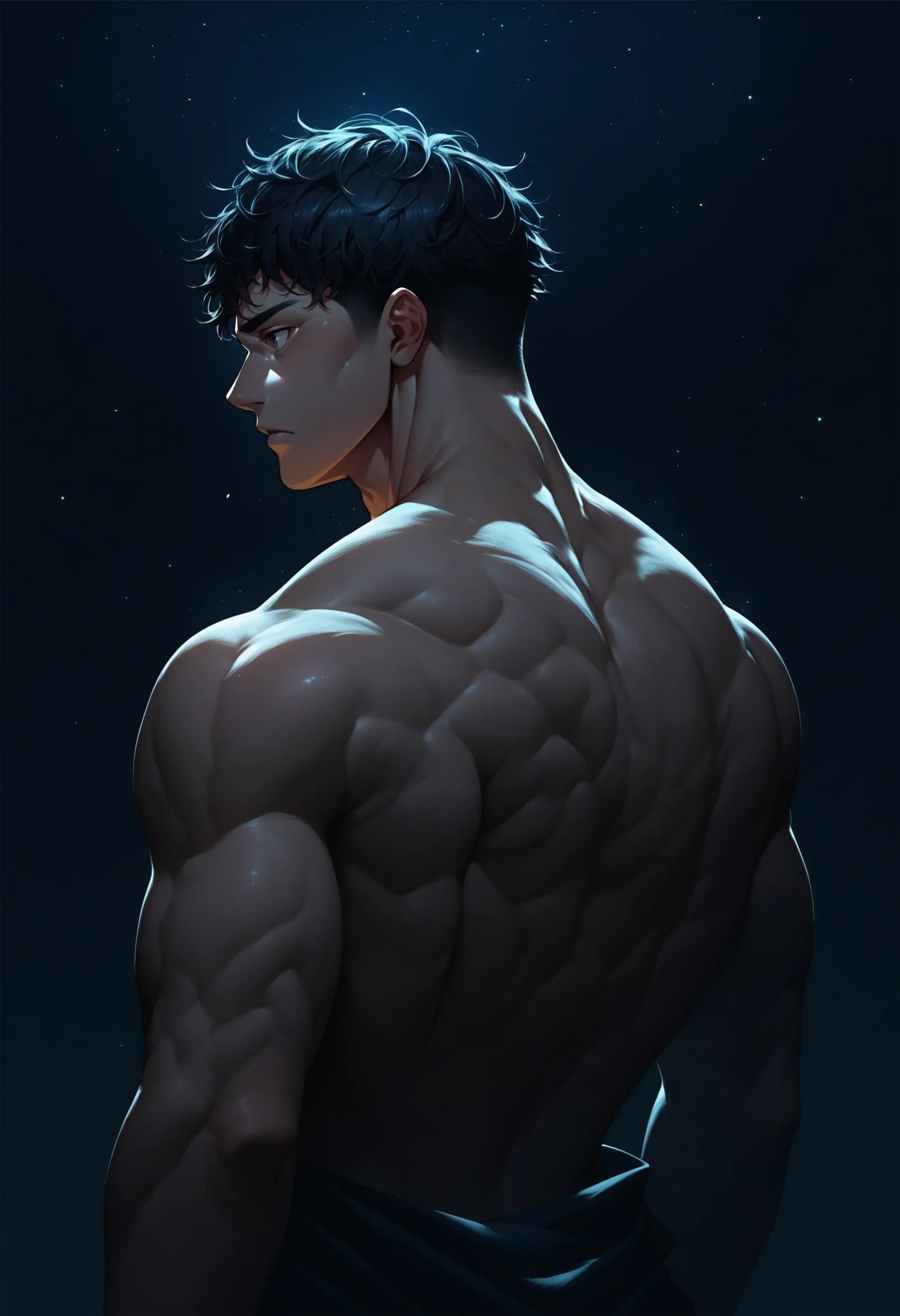 score_9, score_8_up, score_7_up, source_anime, night, (dark environment), 1boy, solo, muscular, from behind, upper body, muscular back, black hair, short hair, looking to the side,