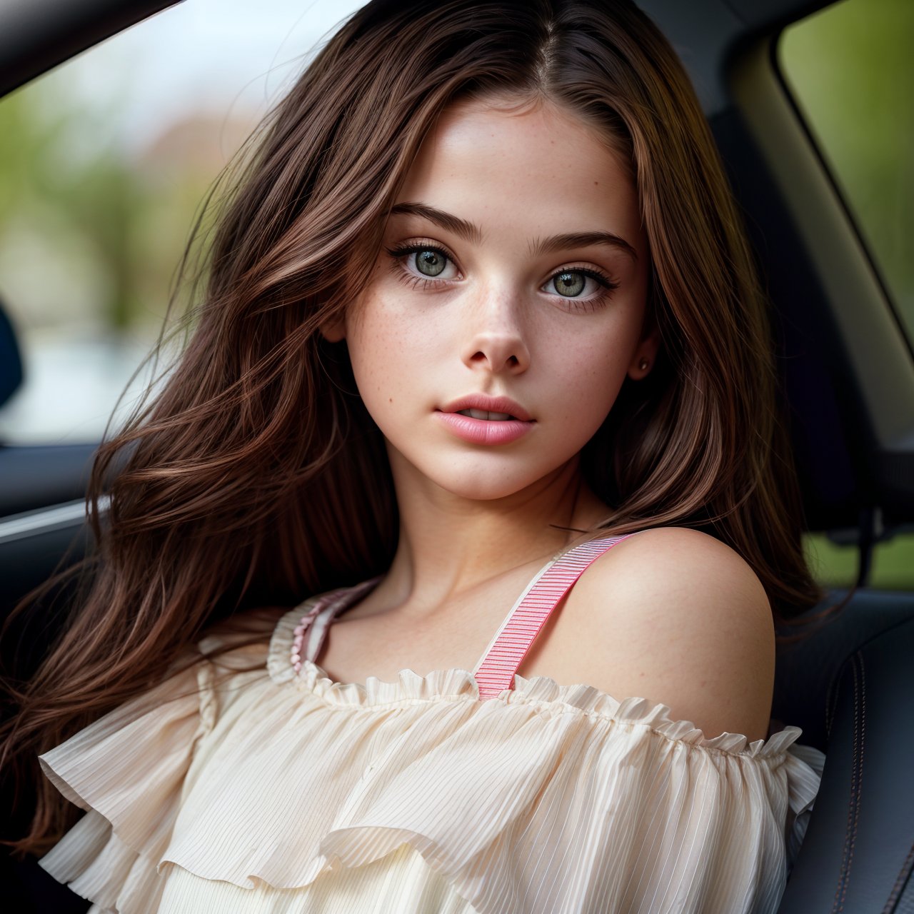 wallpaper, looking back, portrait of cute (AIDA_LoRA_MeW2016:1.11) <lora:AIDA_LoRA_MeW2016:0.89> in a dress posing in front of the car, on the parking, little girl, pretty face, intimate, hyper realistic, studio photo, studio photo, kkw-ph1, hdr, f1.6, getty images, (colorful:1.1)