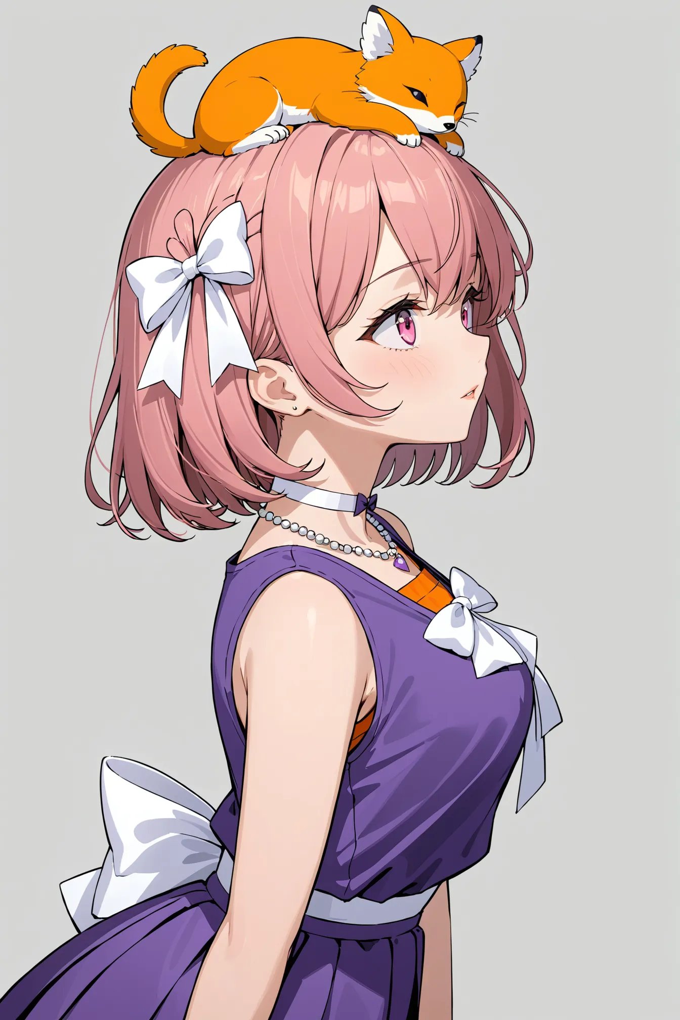 1girl, solo, masterpiece, best quality, very aesthetic, simple background, animal, animal on head, back bow, bow, brown hair, collar, crossed bangs, from side, grey background, grey eyes, hair bow, jewelry, looking at another, looking to the side, multicolored background, necklace, one eye closed, orange eyes, parted lips, pink eyes, pink hair, pov, purple shirt, purple skirt, ribbon choker, sandals, sash, shirt, short hair, skirt, vest, white ribbon