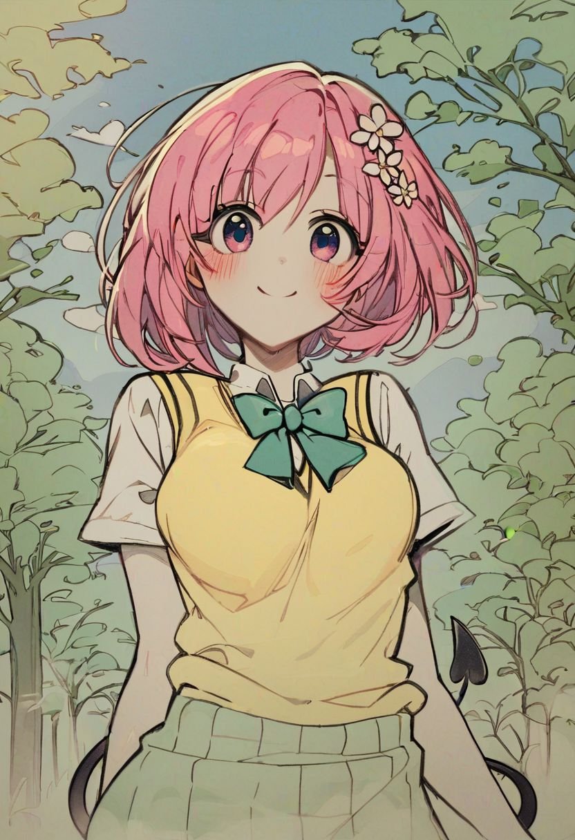 score_9, score_8_up, score_8, medium breasts, (curvy), cute, eyelashes, tlrmomo, pink hair, hair flower, green bowtie, yellow sweater vest, white shirt, short sleeves, green miniskirt, demon tail, looking at viewer, standing, happy, blue sky, trees, waist up head tilt, curvy, smile, blush,