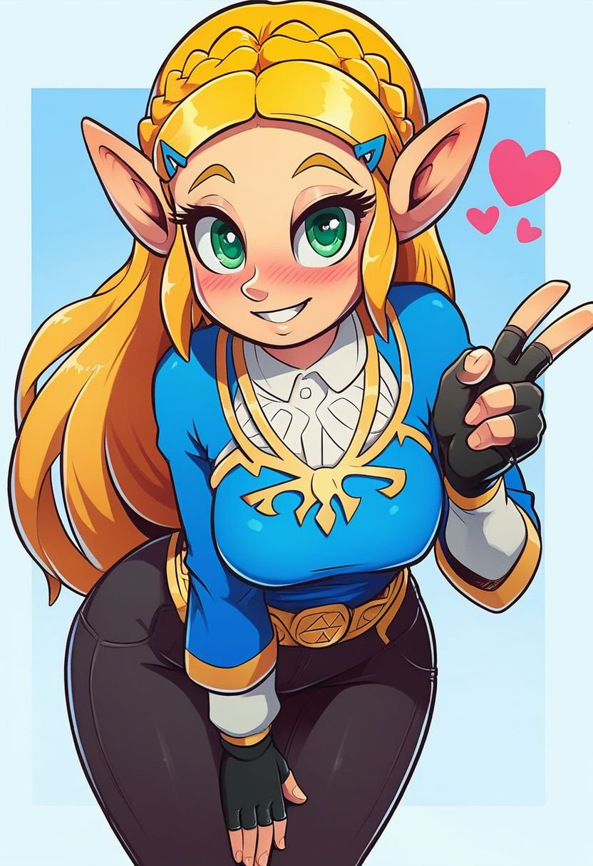 score_9, score_8_up, score_8, medium breasts, cute, eyelashes, leaning forward, v, princess zelda, long hair, crown braid, hairclip, pointy ears, blue shirt, long sleeves, fingerless gloves, black gloves, black pants, tight pants, green eyes, solo, looking at viewer, smile, blush,  heart,