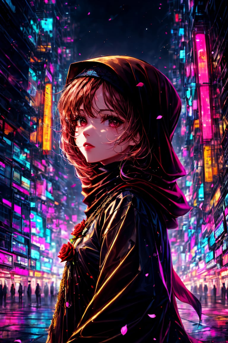 In a dystopian cyberpunk metropolis, a lone figure of a woman clad in a traditional Muslim abaya stands out against a backdrop of neon-lit skyscrapers and holographic advertisements. Soft, golden lighting wraps around her, highlighting the intricate folds of the fabric and the delicate features of her face. She confidently holds a vibrant red rose, its velvety petals glowing with an inner radiance as she surveys the desolate cityscape. The subject's serene expression is juxtaposed against the bleak surroundings, drawing the viewer's gaze towards her striking figure.<lora:EMS-50097-EMS:0.800000>, <lora:EMS-179-EMS:0.800000>, <lora:EMS-385092-EMS:0.700000>