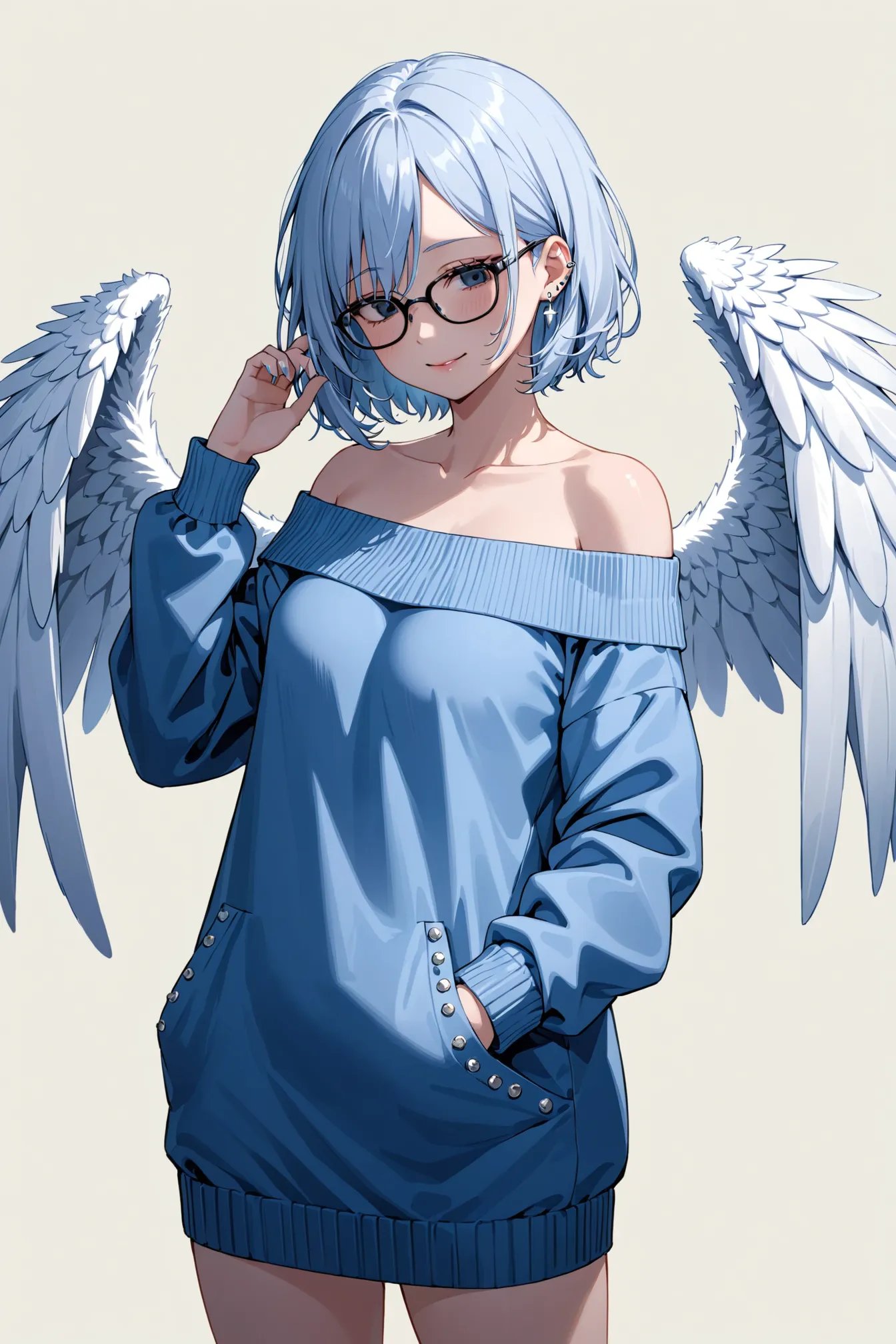 1girl, solo, masterpiece, best quality, black eyes, black-framed eyewear, blue dress, branch, closed mouth, cropped legs, dress, eyelashes, feathered wings, hair between eyes, half-closed eyes, hand on own hip, hands up, hand in own hair, hand in pocket, light blush, lips, jewelry, locked arms, layered clothes, long sleeves, looking ahead, looking away, low wings, off-shoulder dress, short hair, short hair with long locks, simple background, smile, stud earrings, sweatdrop, sweater dress, two-tone background, white background, white theme, white wings, wings, zombie