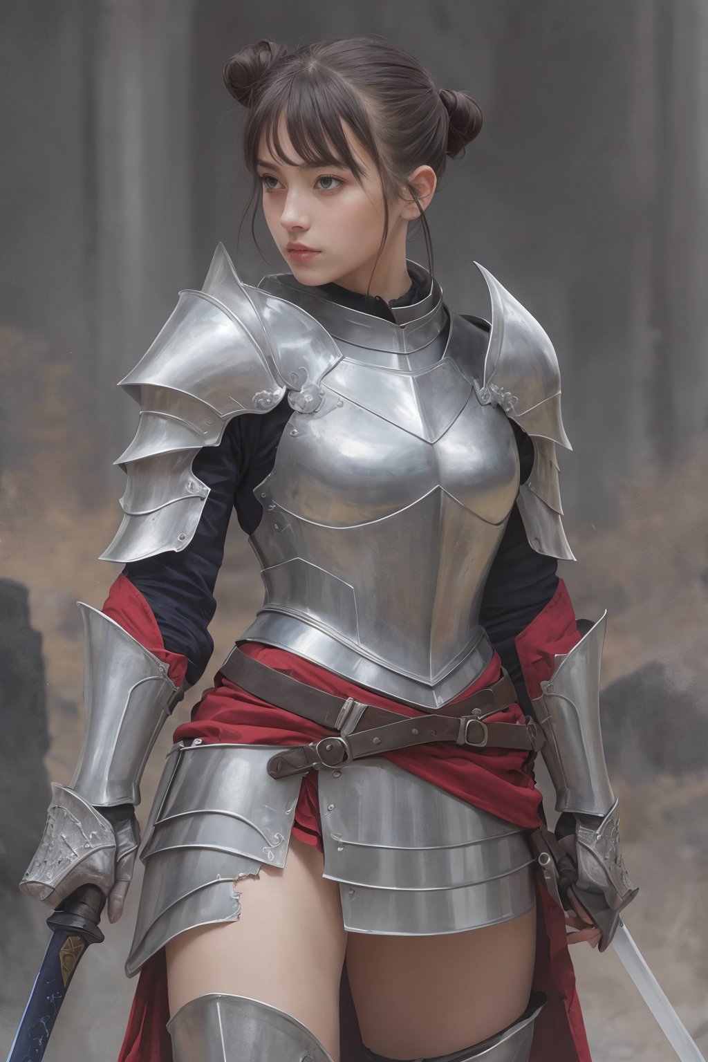 best quality,masterpiece,highly detailed,ultra-detailed,  weapon, armor, holding weapon,ambiguous gender, armor, armored boots, axe, full armor, gauntlets, greaves, grey eyes, headwear removed,, holding sword, holding weapon, knight, pauldrons, planted sword, red skirt, ribbon, scabbard, sheath, shoulder armor,  single hair bun, solo,, sword, torn clothes, vambraces, weapon, weapon over shoulder,ruins,oudoor, <lora:knight:0.7>