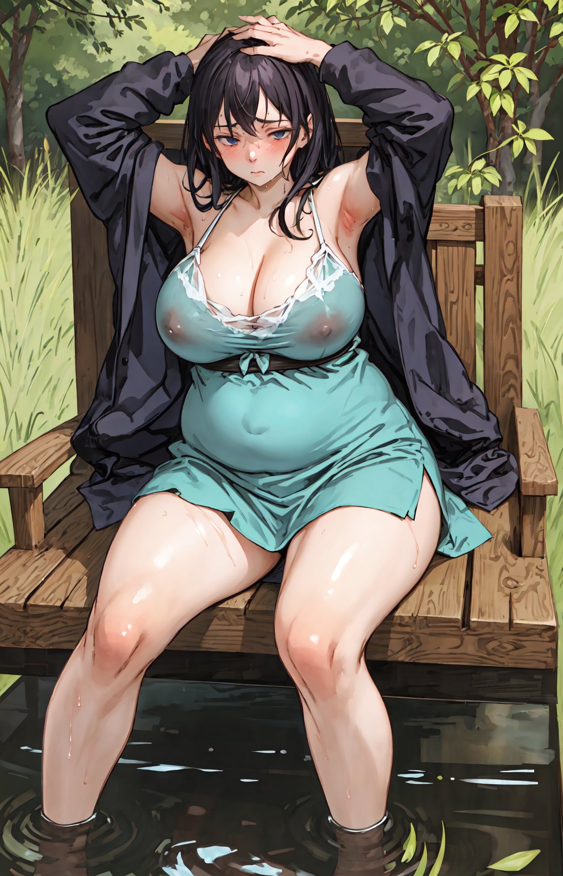 best quality, detailed background, girl, spring,shy,solo,  breath, wet:0.6,tired, huge breasts, sagging breasts, potbelly:0.6
