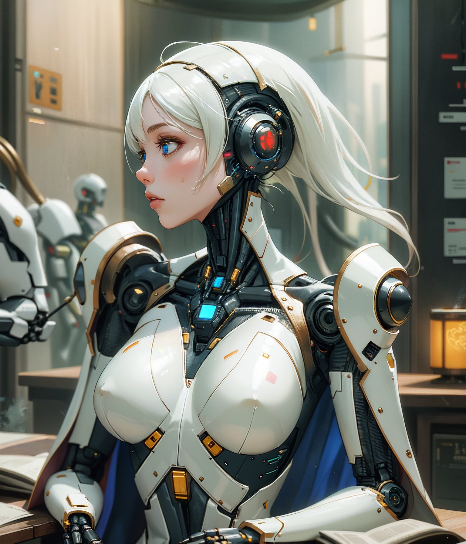 <lora:Reel_mechanical_parts_v_1_3:1>,  a girl , ultra detailed of a beautiful porcelain profile woman android face, cyborg, robotic parts, 150 mm, beautiful studio soft light, rim light, vibrant details, luxurious cyberpunk, lace, hyperrealistic, anatomical, facial muscles, cable electric wires, microchip, elegant, beautiful background, BREAK, octane render, H. R. Giger style, 8k, best quality, masterpiece, illustration, an extremely delicate and beautiful, extremely detailed ,CG ,unity ,wallpaper, (realistic, photo-realistic:1.37),Amazing, finely detail, masterpiece,best quality,official art, extremely detailed CG unity 8k wallpaper, absurdres, incredibly absurdres, robot, silver halmet, full body, sitting