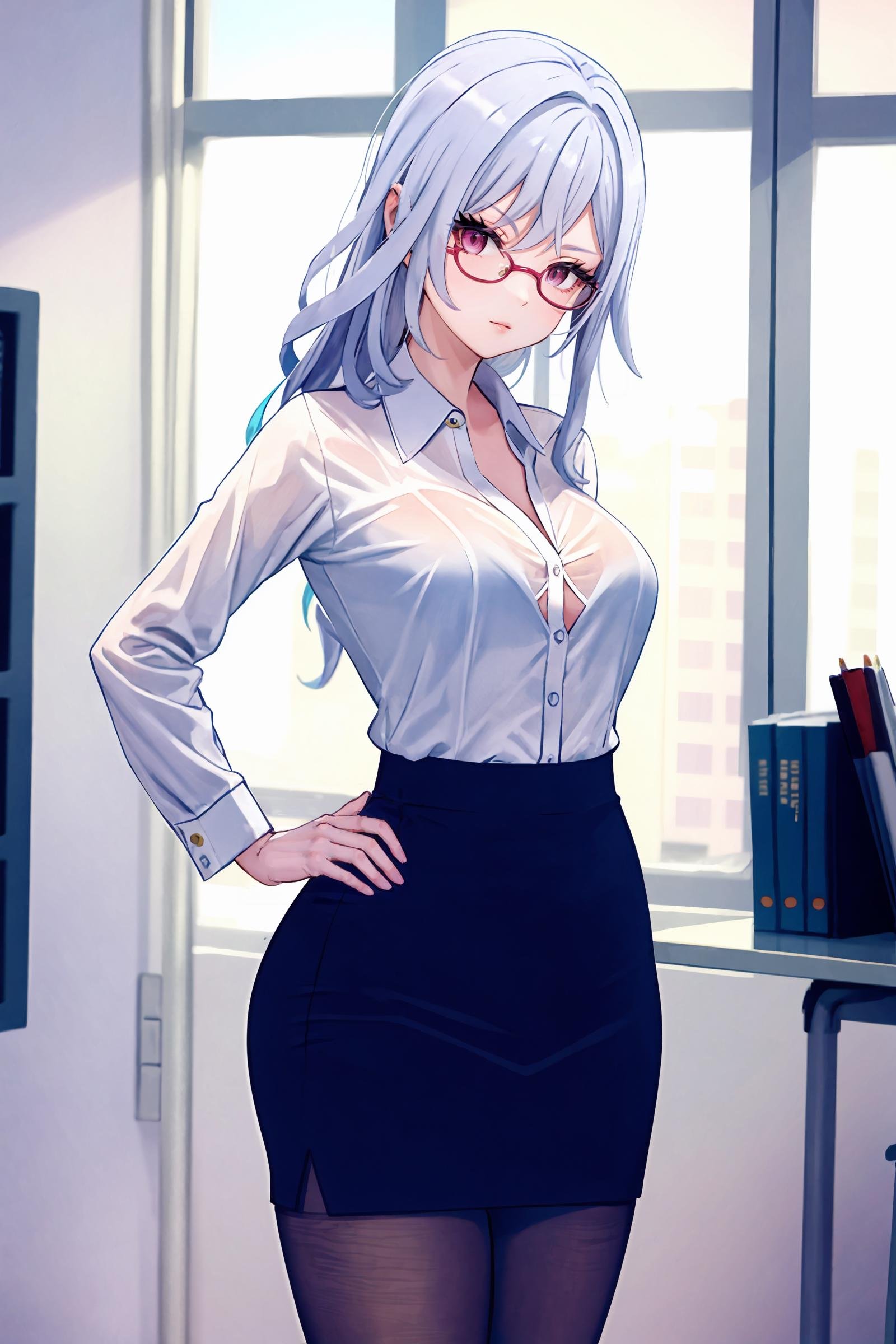 1girl, skirk \(genshin impact\), solo, office lady, white collared shirt, pencil skirt, pantyhose, glasses, glaring, looking at viewer, hand on hip, office, indoors, depth of field, masterpiece