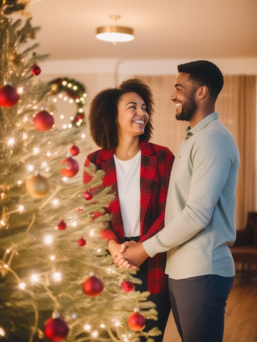 A young couple stands in front of a Christmas tree, holding hands. They are smiling at each other, their eyes filled with love.