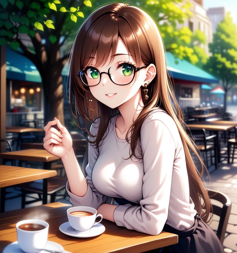 1girl, medium breasts, glasses, brown hair, earrings, long hair, green eyes, cup, tree, cafe, outdoors, table, pov, dress, light smile, 