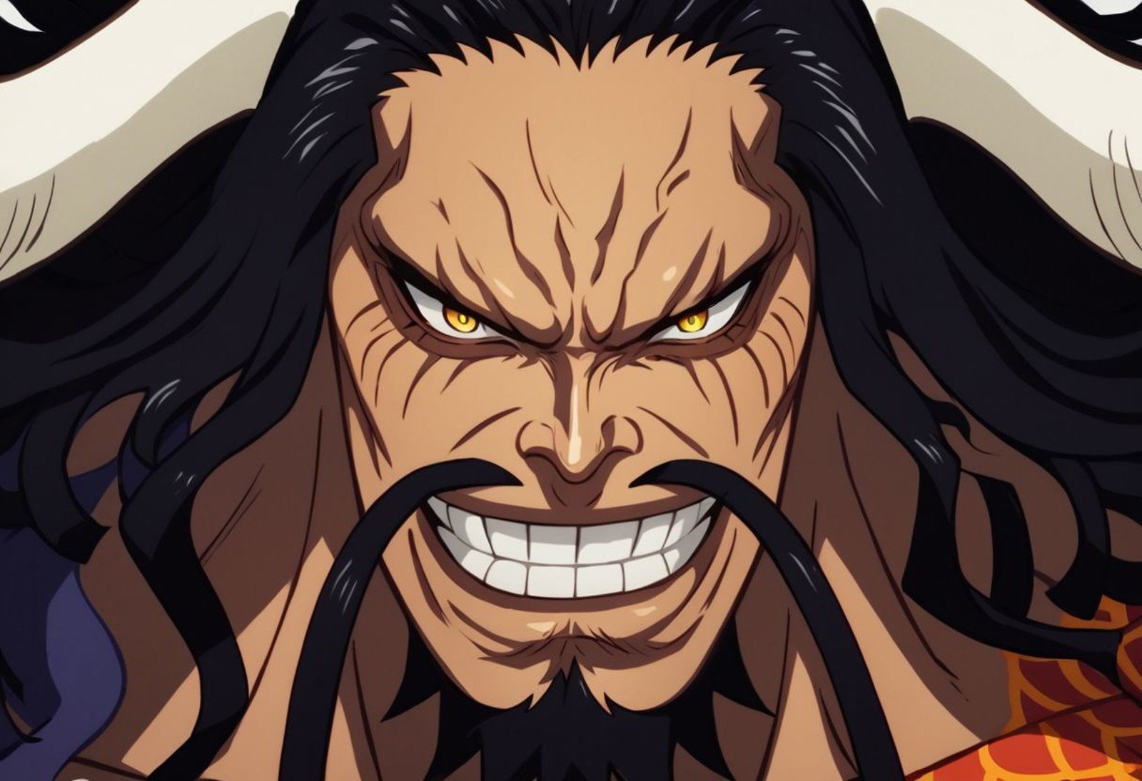 score_9, score_8_up, score_7_up, score_6_up, score_5_up, score_4_up, source_anime, 1boy, man, Kaido, Giant, Long hair, Black hair, Yellow Eyes, tattoo, long mustache, beard, curved horns, shirtless, wrinkles, muscular, pectorals, dark skin, portrait, veiny, headshot, close up, detailed, grin, glare, thick lineart, highest quality, stylized, detailed face, looking at viewer, perfect face