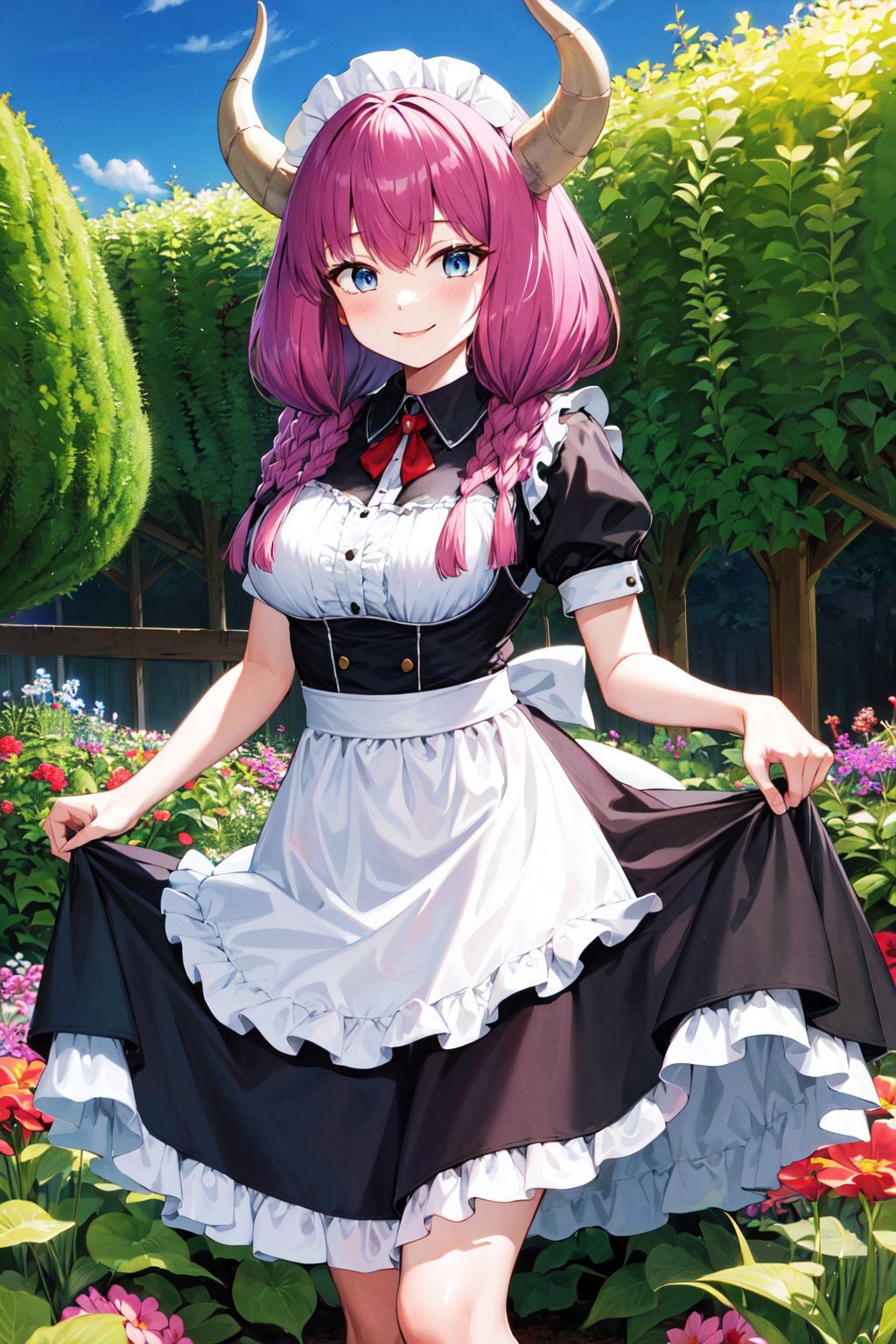 masterpiece, best quality, highres, aaaura, braid, twin braids, horns, blue eyes, <lora:aura_(sousou_no_frieren)_v1:0.8>, maid, maid headdress, apron, smile, skirt hold, garden, standing