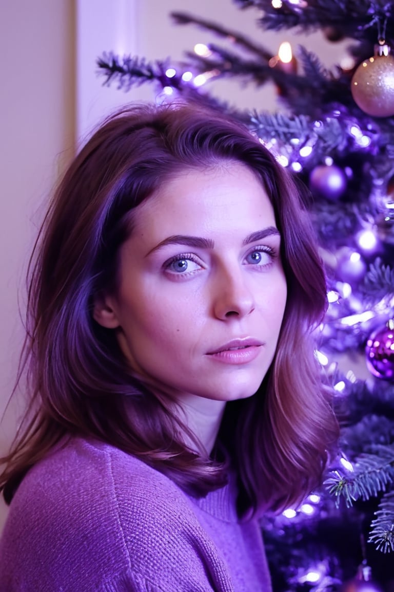 woman close up portrait, Christmas tree near christmas fireplsce painting, in the style of light violet and light purple, associated press photo, oshare kei, animated gifs, realistic watercolors, quadratura, eye-catching <lora:rebbackp:1>
