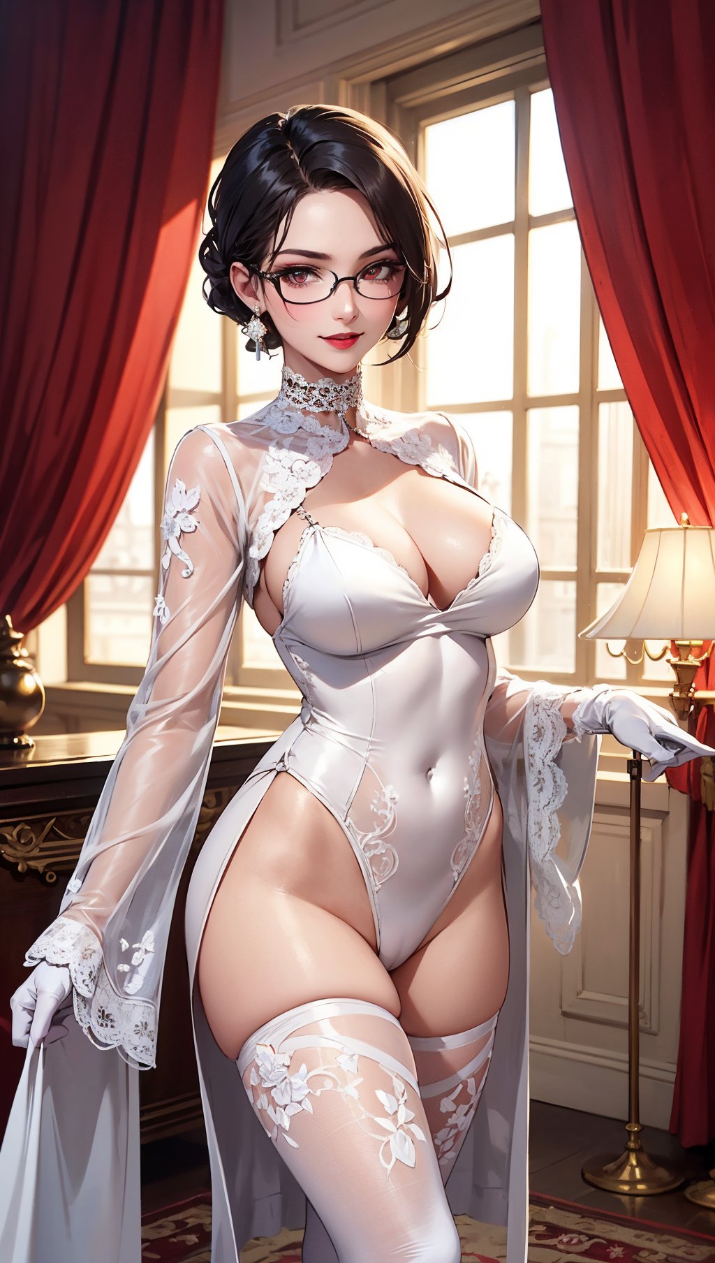 A photo of a young woman. (looking at the viewer). (short messy dark hair),(slender),(dark lips),flirting with the camera. (white sclera),(square glasses),(dark makeup),(white choker),(jewelry),(smiling),(dyed hair, hair color),(white intricate foliage filigree embroidered),(sleeved) plunging lace sheer v-neck (catsuit),(unitard),(long gloves, bolero),(well lit, warm natural light),ornate lavish rich aristocrat royal mansion,music room,art,drapes,curtains,carpets,rugs,doors,(chaise lounge) (confident, seductive, dominant, intimidating),