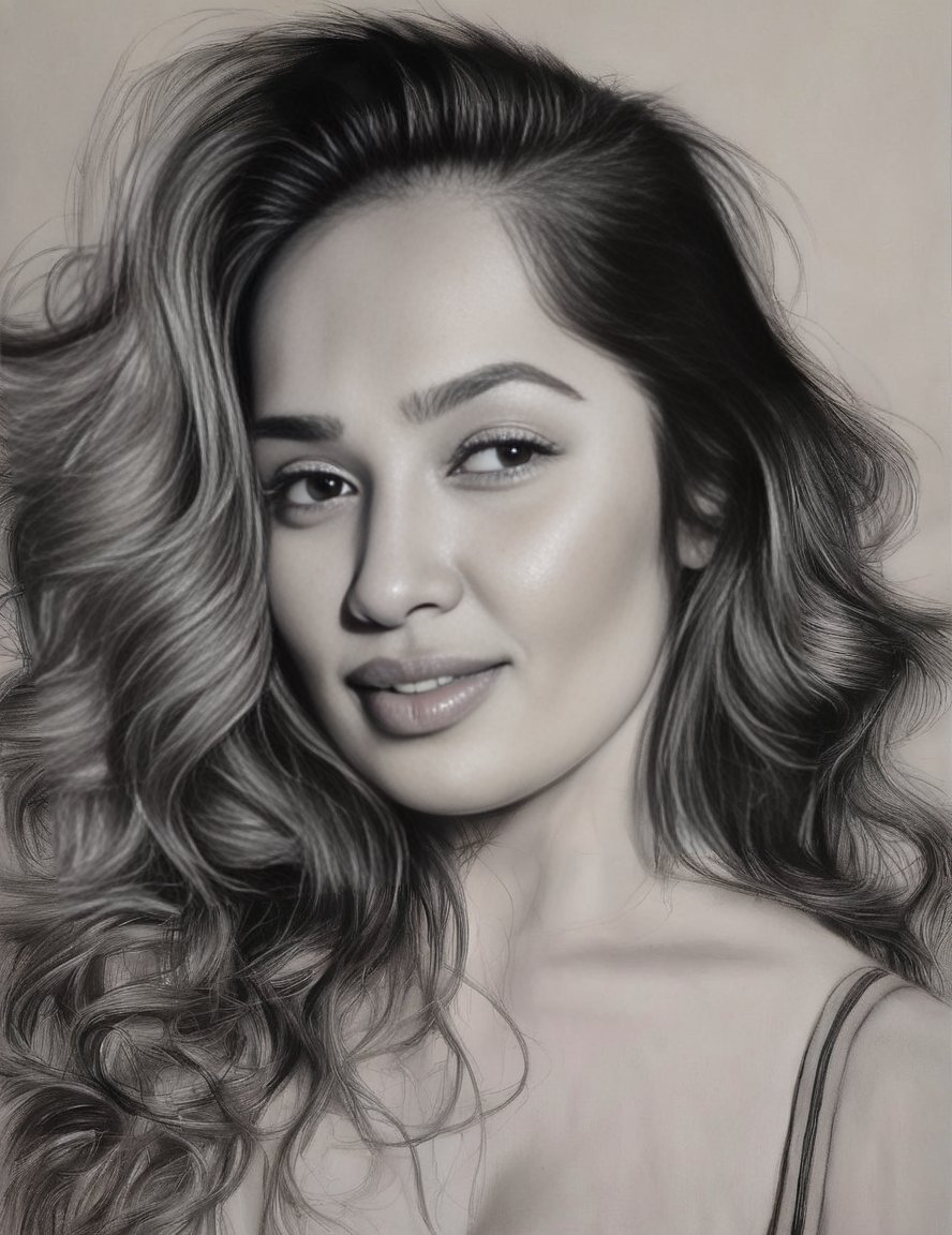 AditiMistry,<lora:AditiMistrySDXL:1>, sketching on ivory paper with charcoal pencil, in the style of realistic hyper-detailed portraits, digital airbrushing, monochrome , commission for, i can't believe how beautiful this is