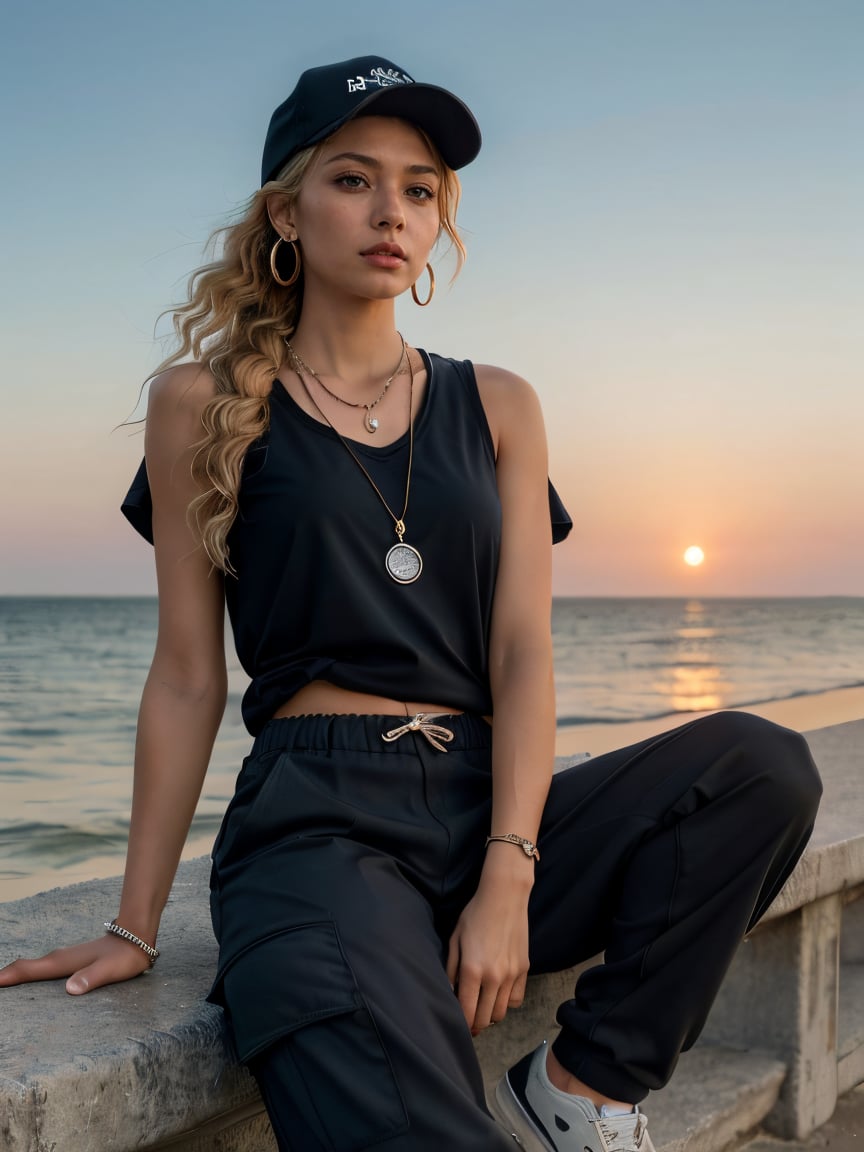 1girl, grey blonde hair(very long hair, curly_hair),long ponytail,hiphop dancer,wearing all black clothes (loose fit top and wide cargo pants),sneakers,accessories(necklace,ear_rings)baseball cap, sitting at sea bank,horizon,seaside,vivid sea color,red lighthouse,sunset,Best Quality, 32k, photorealistic, ultra-detailed, finely detailed, high resolution, perfect dynamic composition, beautiful detailed eyes, sharp-focus, cowboy_shot