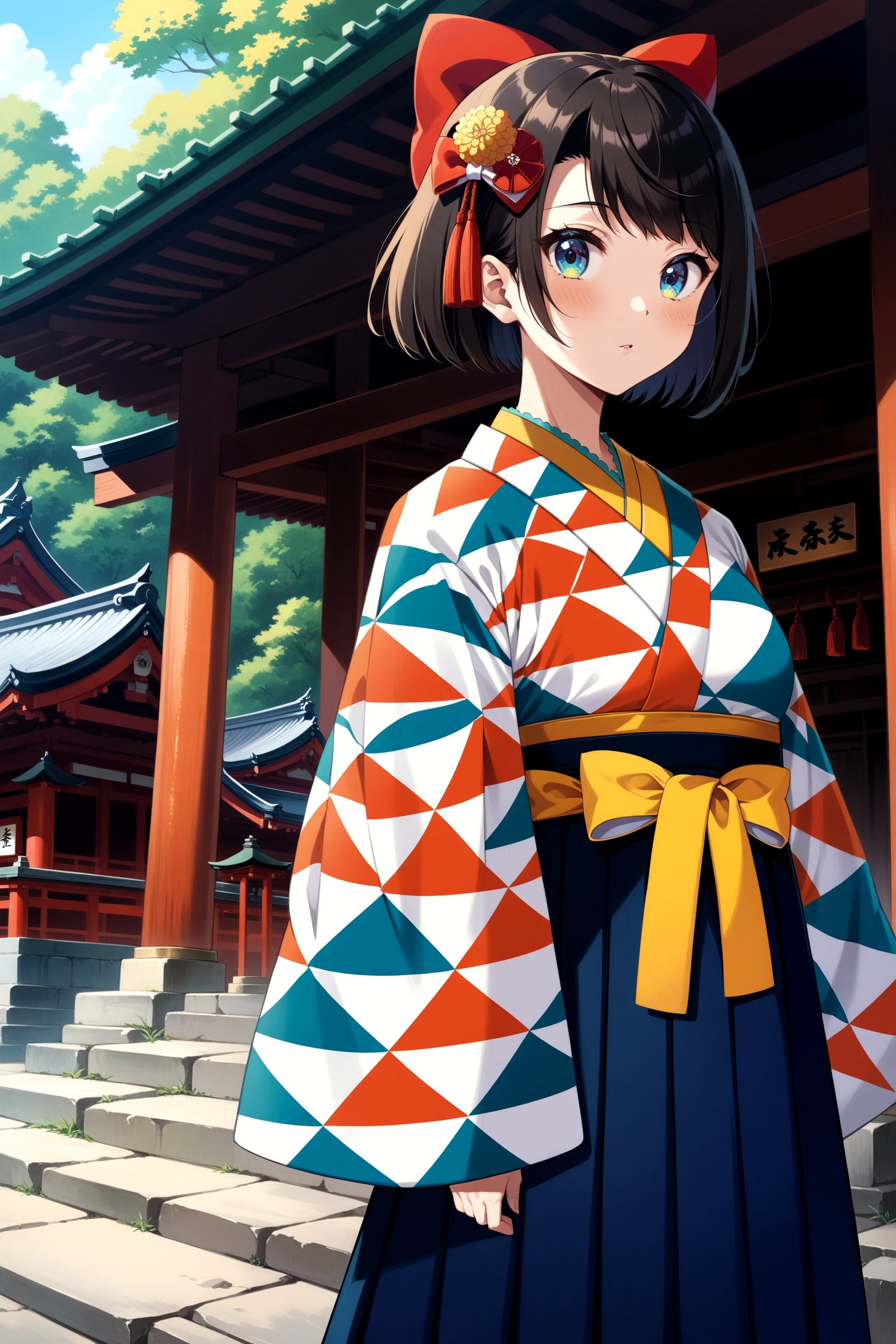 (masterpiece, best quality, very aesthetic, ultra detailed), intricate details, 4k, anime style, eesubaru, short hair, hair bow, red bow, hair ornament, japanese clothes, print kimono, long sleeves, wide sleeves, tassel, hakama skirt, blue skirt, <lora:oozora_subaru_XL_v1:0.9>, standing, cowboy shot, outdoors, shrine, arms at sides,