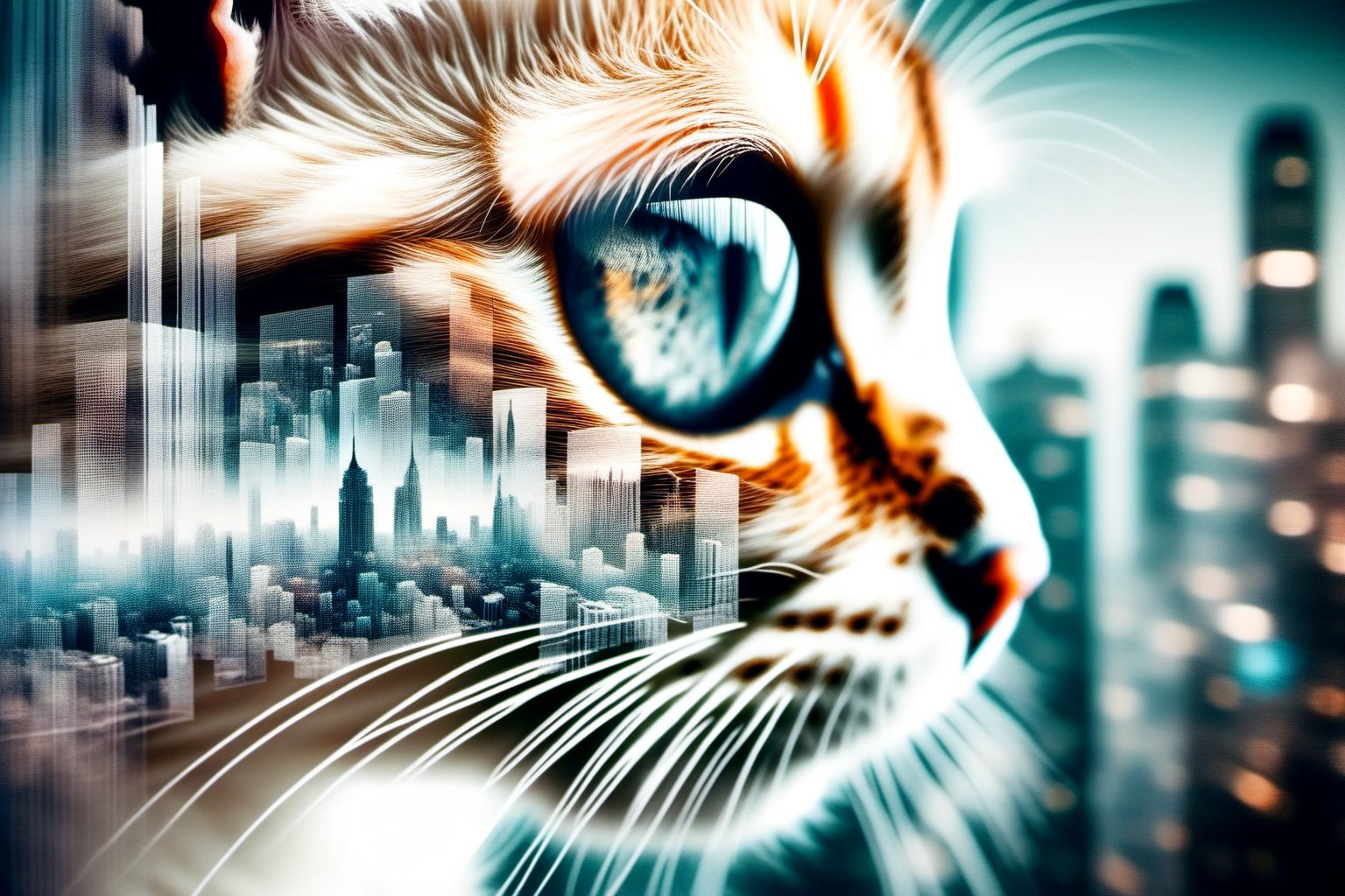A macro close up Double Exposure: A cat reflecting an intricate cityscape within, evoking Curiosity, Mystery, Introspection, Whimsical Surreality - featuring Fine Detail, High Contrast, Layered Imagery, Double Exposure Photography, Soft Lighting.