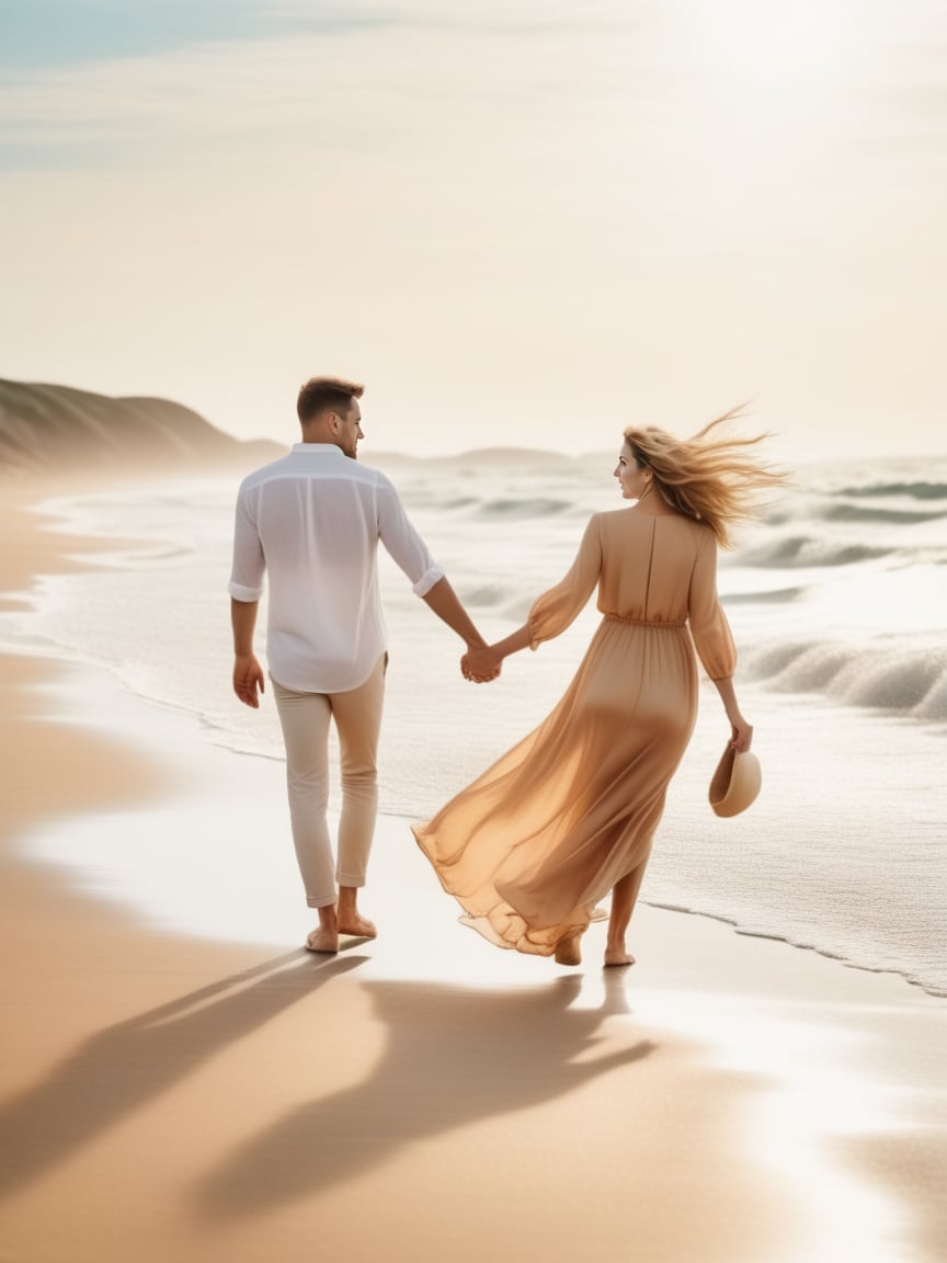 A couple walks hand-in-hand down a beach, their clothes blowing in the wind.,realistic,best quality,