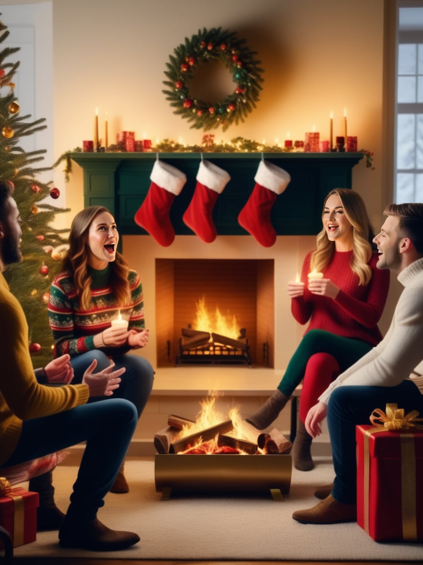 A group of friends gather around a fireplace, singing Christmas carols.,realistic,best quality,