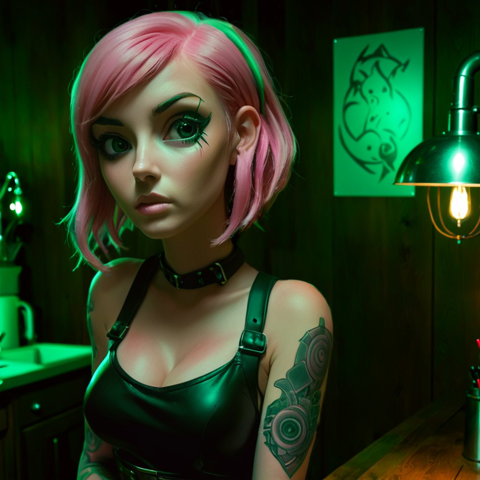 Dreamscape 1girl, pretty, eyes on camera, looking at viewer, prosthetic arms, pink hair, cleavage, blush, leather apron, focused, wooden room, tattoos, futurism, Dark green hue, highly dramatic lighting, scars, <lora:looking_at_viewer:1>, <lora:hand 4:1> . Surreal, ethereal, dreamy, mysterious, fantasy, highly detailed