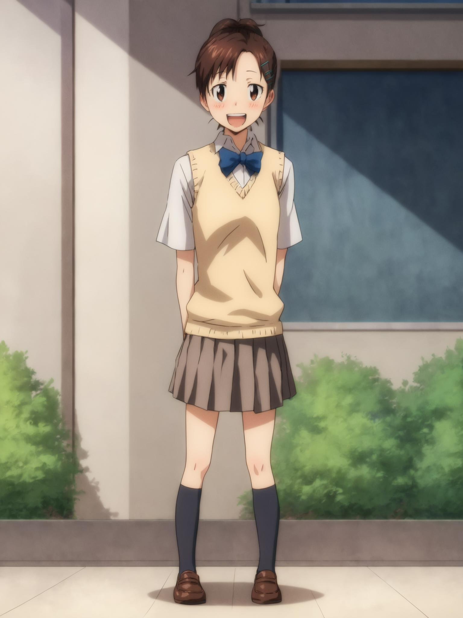 score_9, score_8_up,sharp focus,,  absurdres, highres, illustration, depth of field, outdoors, haruxl, school, 1girl,solo,looking at viewer, blush, smile, open mouth , short hair,, brown hair, hair ornament, bow, school uniform, ponytail, hairclip, bowtie, full body, , sweater vest, short ponytail,,grey skirt, , sweater vest, arms behind back,  <lora:haruxl:1> 