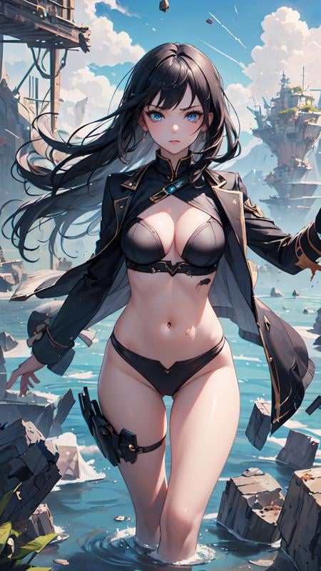 (masterpiece, best quality:1.2), 1girl, solo, black hair, blue eyes, damaged, destruction, background with destroyed floating stones, (floating island in the sky:1.2), medium breasts, <lora:detail_slider_v4:1.1>, black suit with details, (breasts covered:1.2), covered navel, concentrated look, look at the view