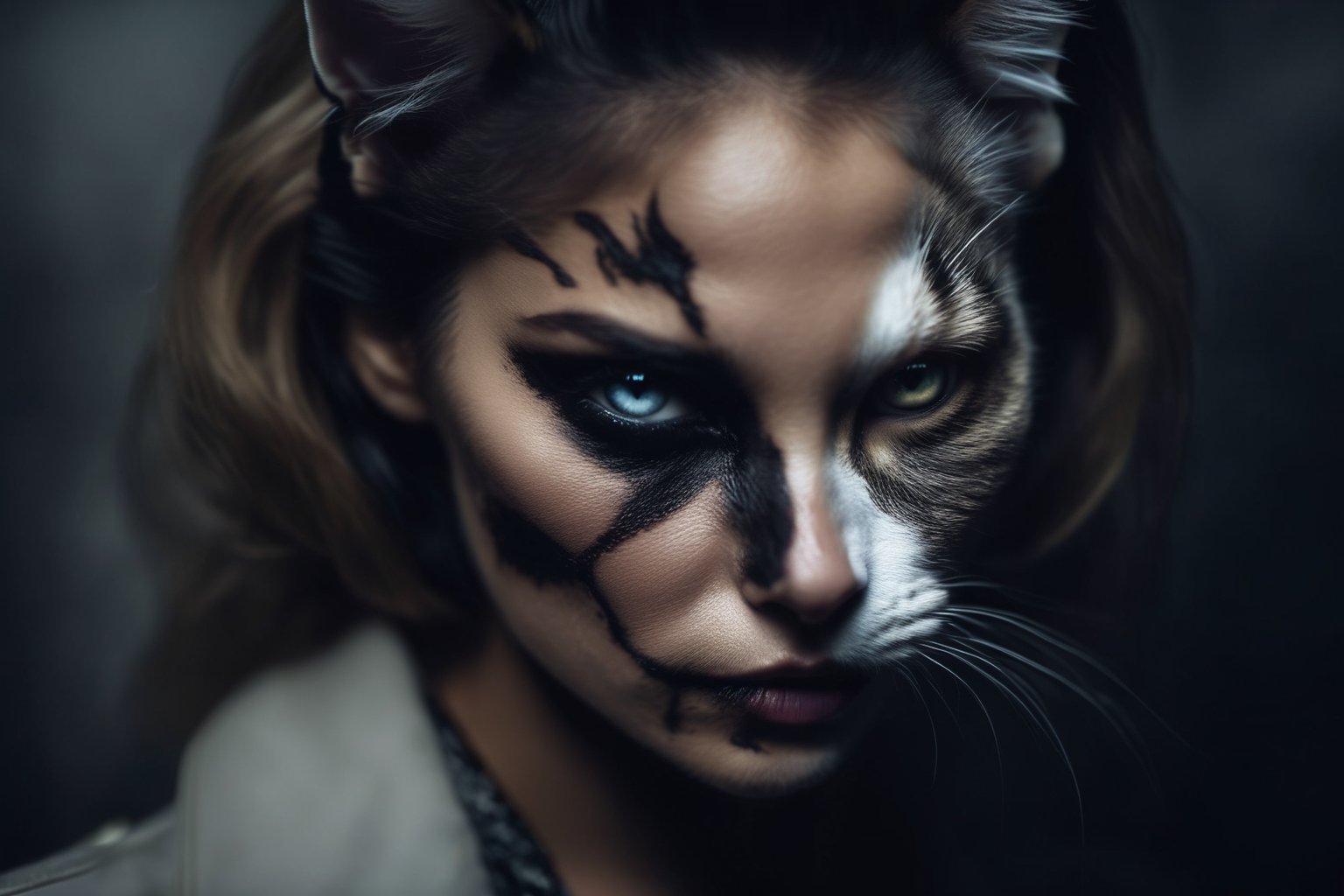 Photo of a captivating (cat|woman), a cat merged into a woman half faced, Harvey Dent / Two-Face style, cinematic, fujifilm, RTX, bokeh