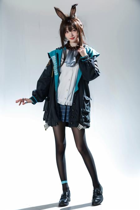 best quality,masterpiece,realistic,photorealistic,1girl,solo,looking at viewer,smile,standing,full body,amiya cosplay costume,amiya,arknights,cosplay,long hair,brown hair,hair between eyes,rabbit ears,shirt,plaid skirt,pleated skirt,hooded jacket,coat,long sleeves,clothes writing,frilled ascot,anklet,thighlet,multiple rings,pantyhose,black pantyhose,black shoes,simple grey background,<lora:Arknights_Amiya_cosplay_v1:0.7>,<lora:_face_8:1>,