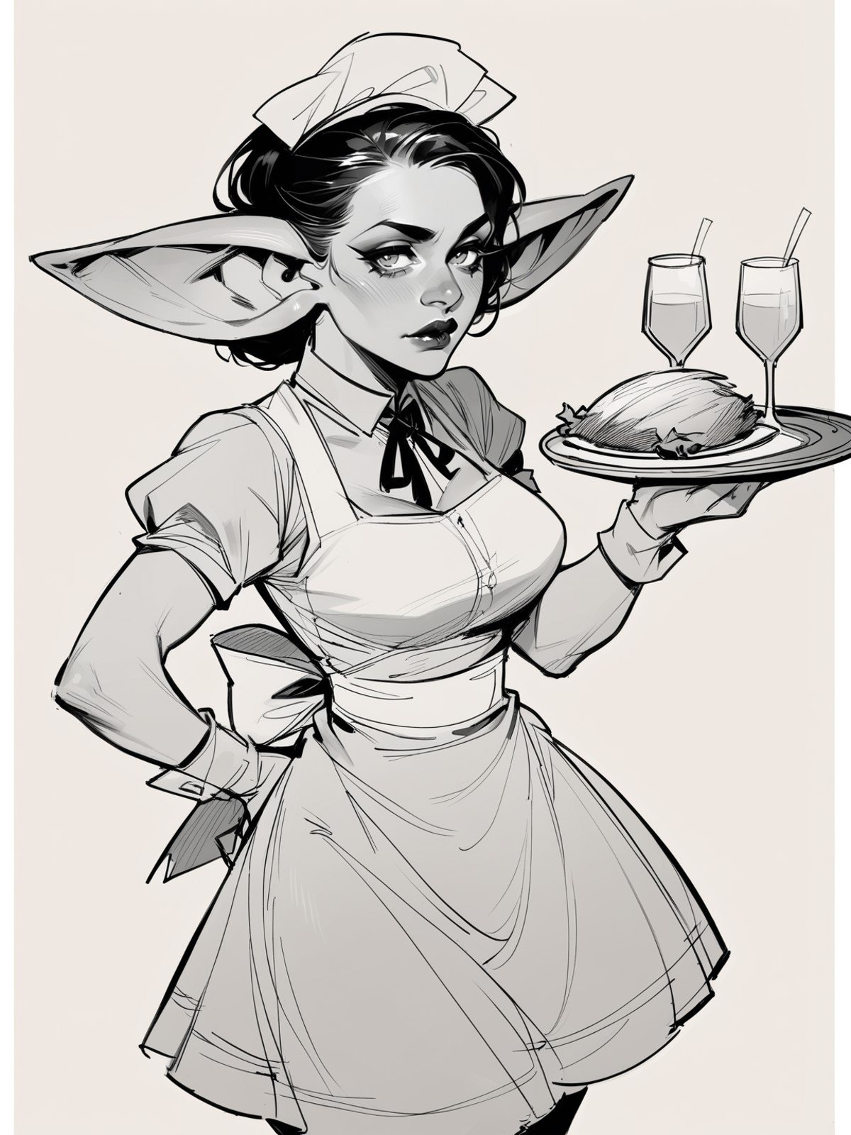 score_8_up, score_7_up, lineart of beautiful goblin waitress woman holding tray, sketch, simple background, white background, bw, monochrome, 