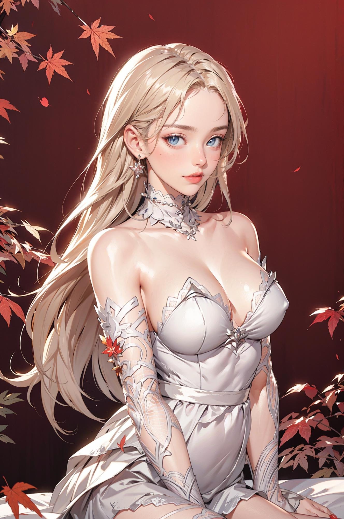 LAinnopromise, stunning woman wearing LAinnopromise dress, white dress, <lora:LAinnopromise:0.85>, (blonde hair),(hair blown by wind, flowing long hair:1.4), (blonde hair:1.2), hair blown by wind, (large breast), sitting on flowers, flower bed, nature, (red theme:1.5), (autumn, red leaves, bright background, red forest background:1.3, white and red background:1.5), falling white petals, ( shy:1.2), BREAK, (masterpiece:1.4), (4k:1.2), (extreme resolution:1.2), (highly intricate:1.2), (studio quality:1.2), (extremely detailed:1.2), (beautiful and aesthetic:1.4) 